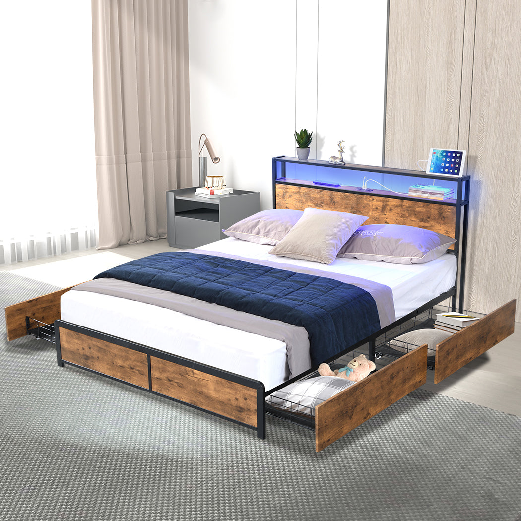 Levede Double Bed Frame RGB LED 4 Drawers USB-1922082151415812102
