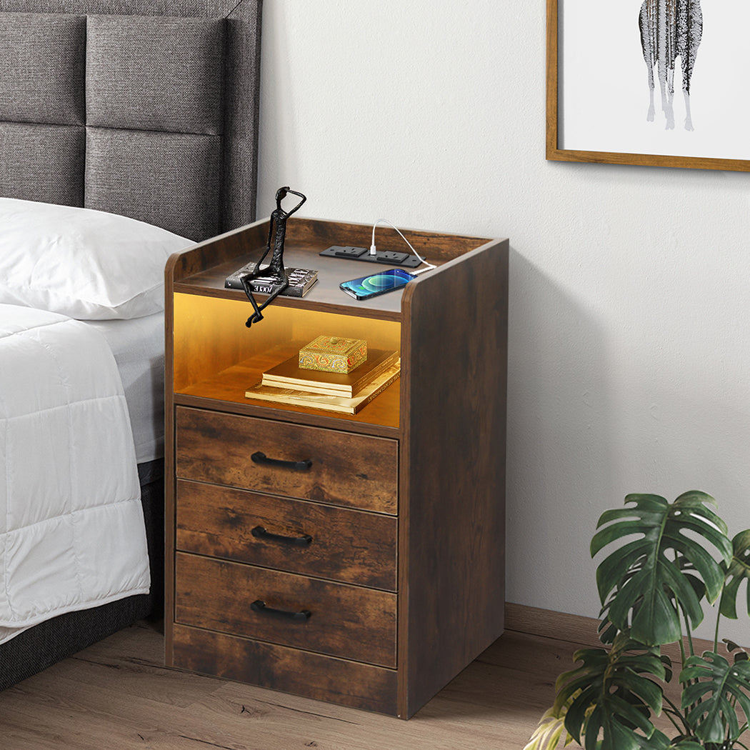 Levede Bedside Table USB Charger Outlet LED Oak-1954802384307884039