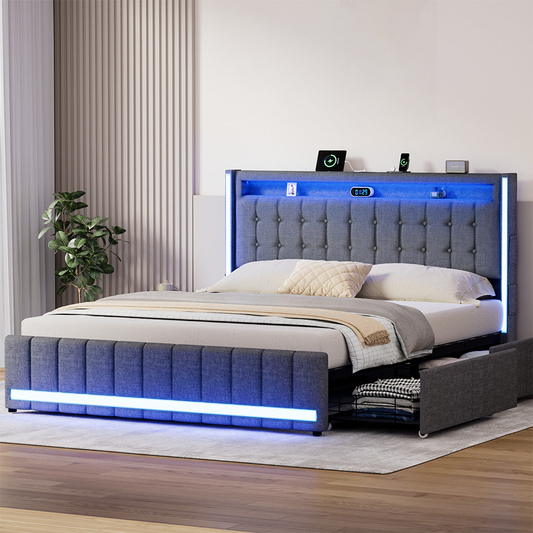 Double Package | Harrison LED Smart Storage Bed Frame Grey & Serenity Euro Top Mattress (Medium Firm)