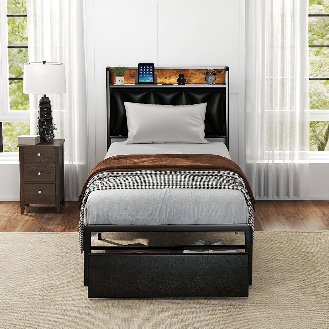 Levede Single Bed Frame Leather Headboard RGB 2 Drawers-1996009957056712710