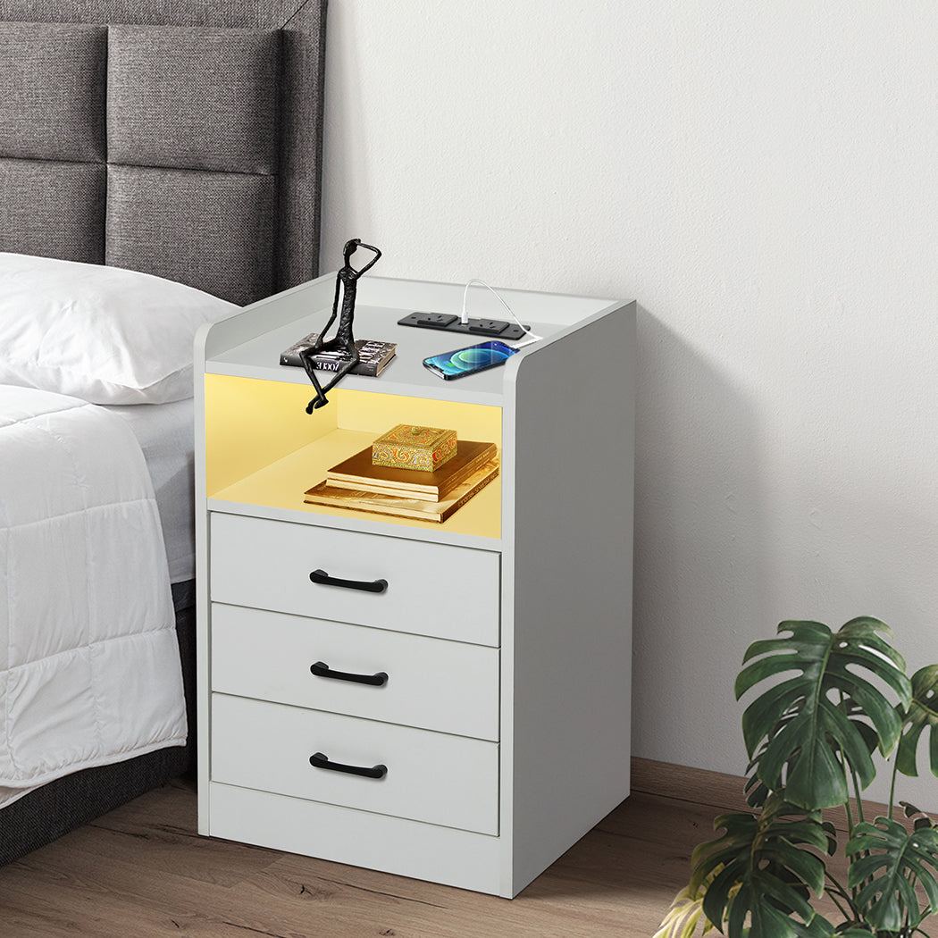 Levede Bedside Table USB Charger Outlet LED White-1954802384475656199