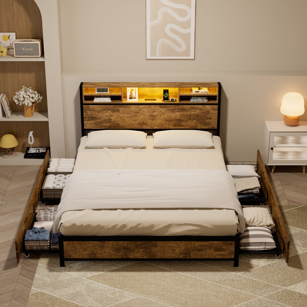 King Package | Knoxford LED Bed Frame with 4 Drawers Brown & Serenity Euro Top Mattress (Medium Firm)
