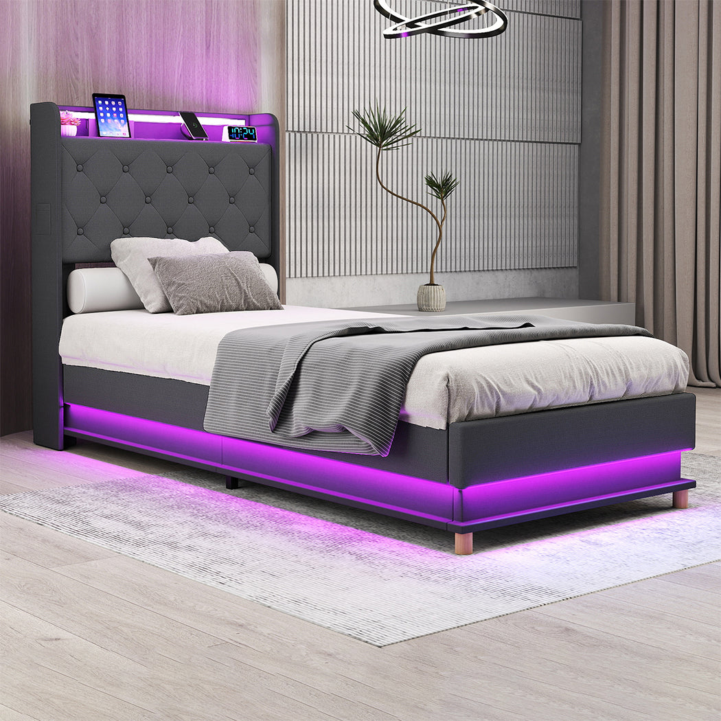 Single Package | Mitchell LED Gas Lift Storage Bed Grey & Glay Bonnell Spring Mattress (Medium Firm)