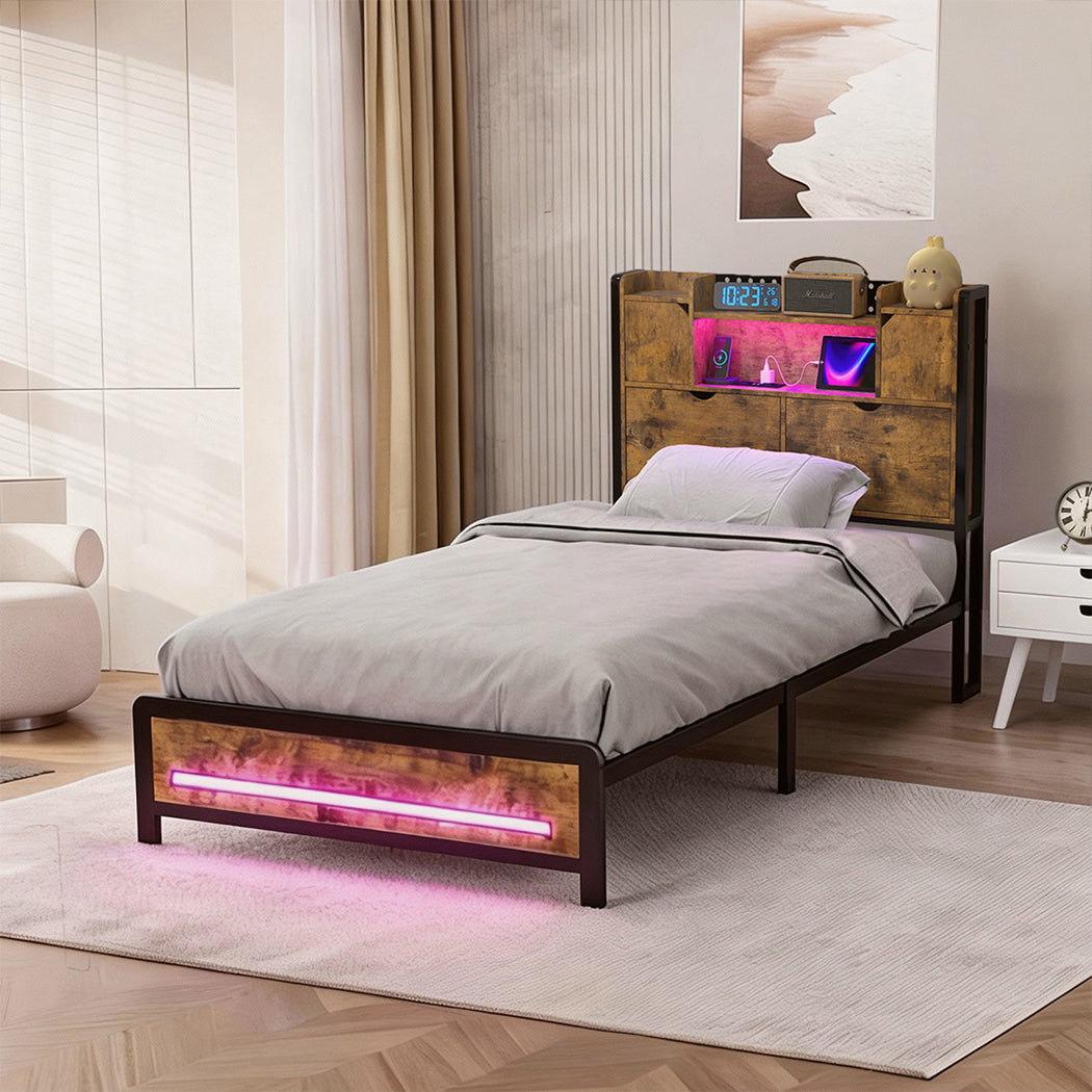 Single Package | Kensley LED Storage Bed Frame Industrial & Glay Bonnell Spring Mattress (Medium Firm)