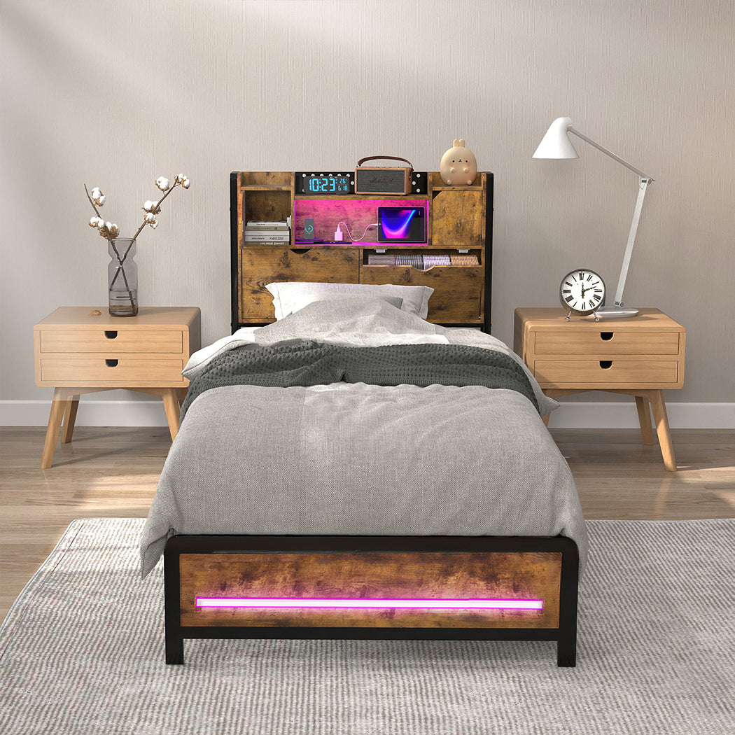 Single Package | Kensley LED Storage Bed Frame Industrial & Glay Bonnell Spring Mattress (Medium Firm)