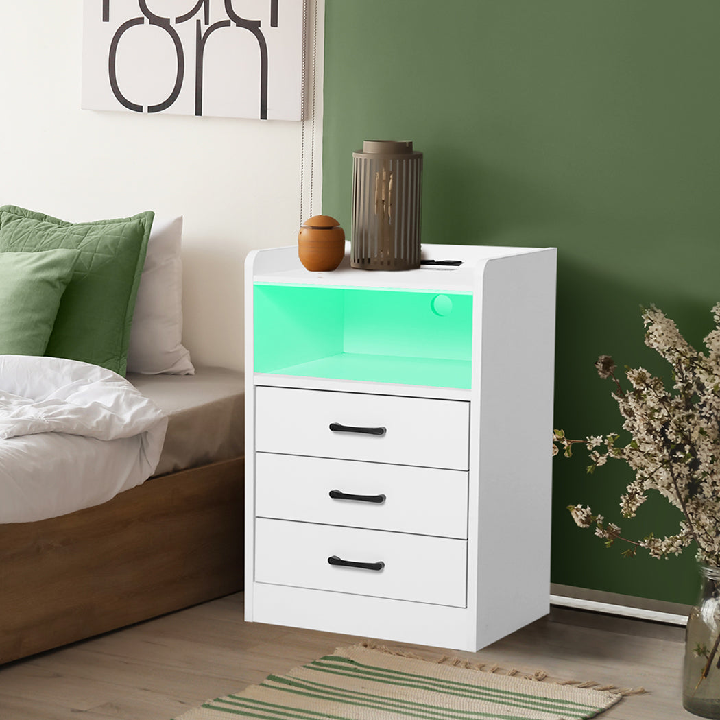 Levede Bedside Table USB Charger Outlet LED White-1954802384475656198