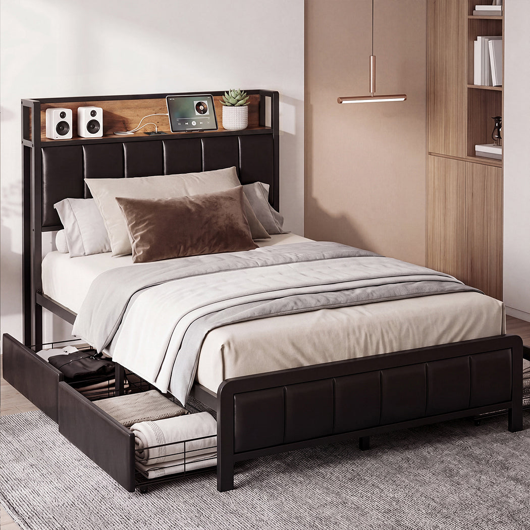 Levede Single Bed Frame PU Mattress Base Storage Drawer Headboard USB Charge-2109793966080790535