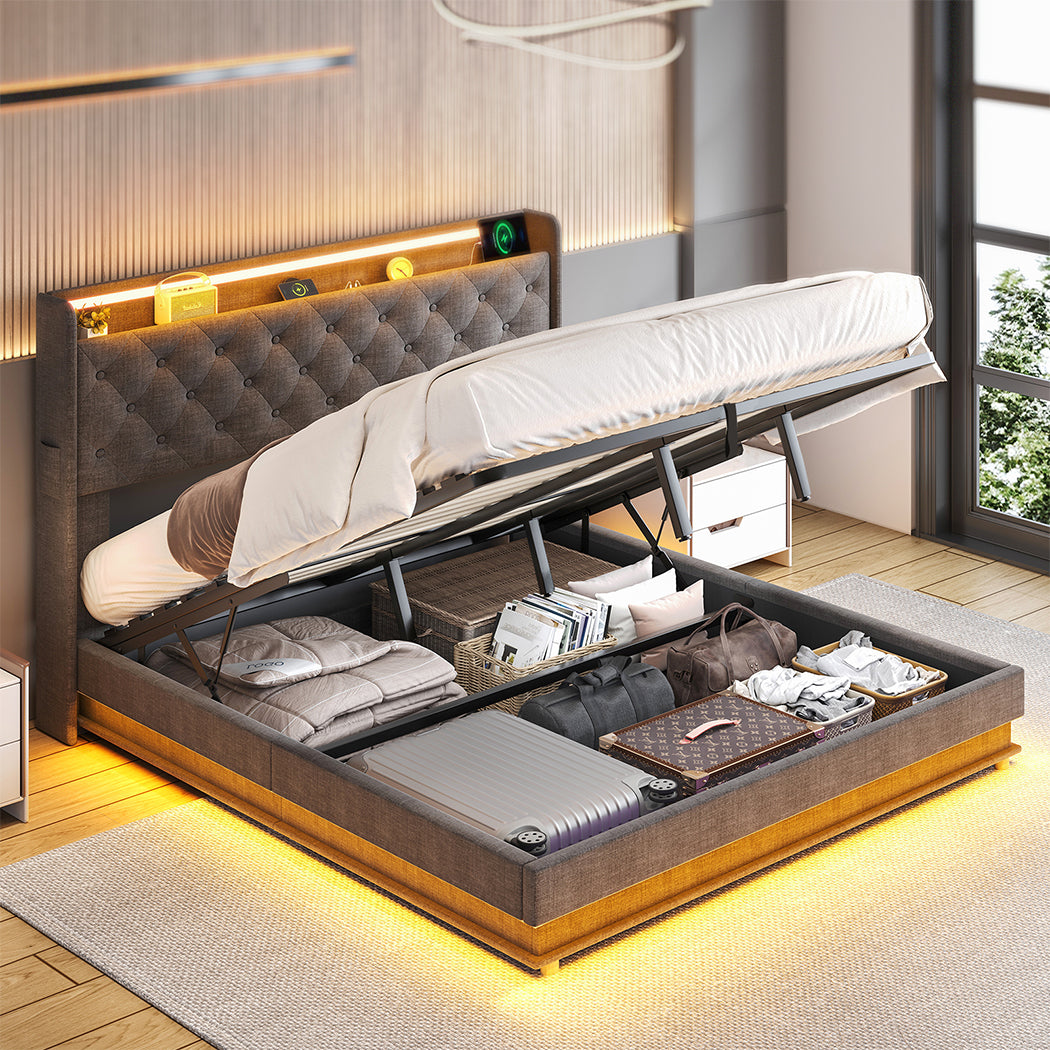 King Package | Mitchell LED Gas Lift Storage Bed Grey & Serenity Euro Top Mattress (Medium Firm)