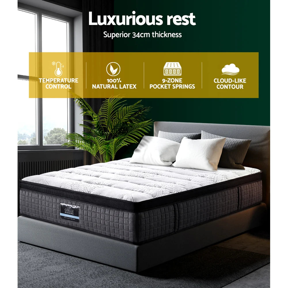 King Comfort Package | Marc Series Euro Top Mattress (Medium Firm) with deluxe pillowtop topper and pillows on gray bed frame