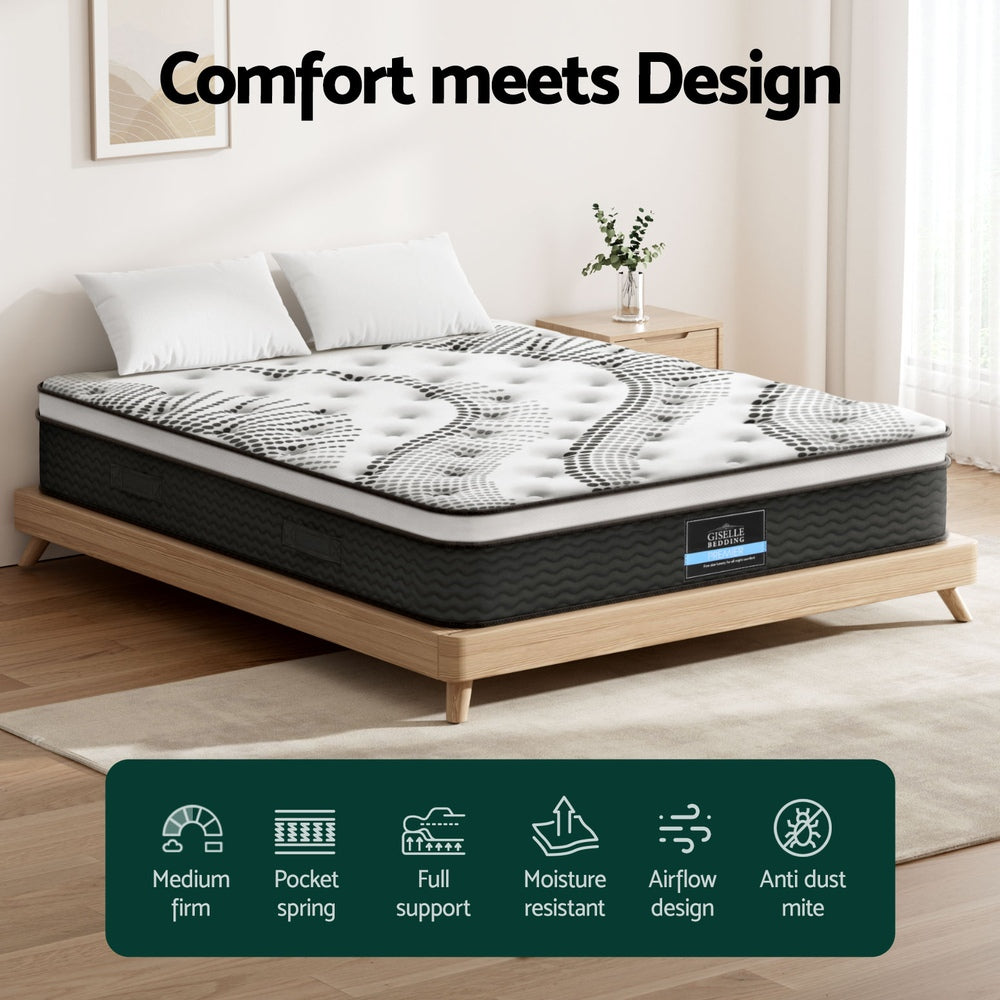 32cm Mattress Euro Top Super King on wooden bed frame with white bedding in modern bedroom setting