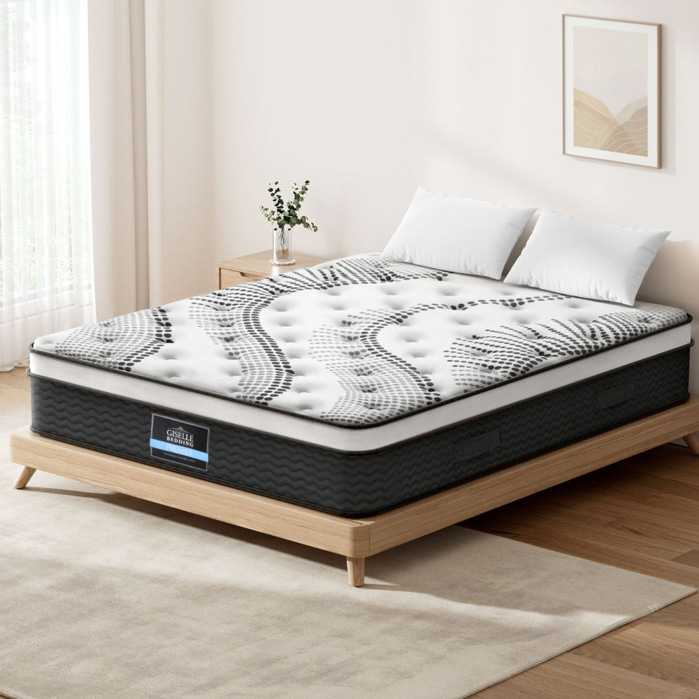 32cm Mattress Euro Top Super King on wooden bed frame with white pillows in bright bedroom setting