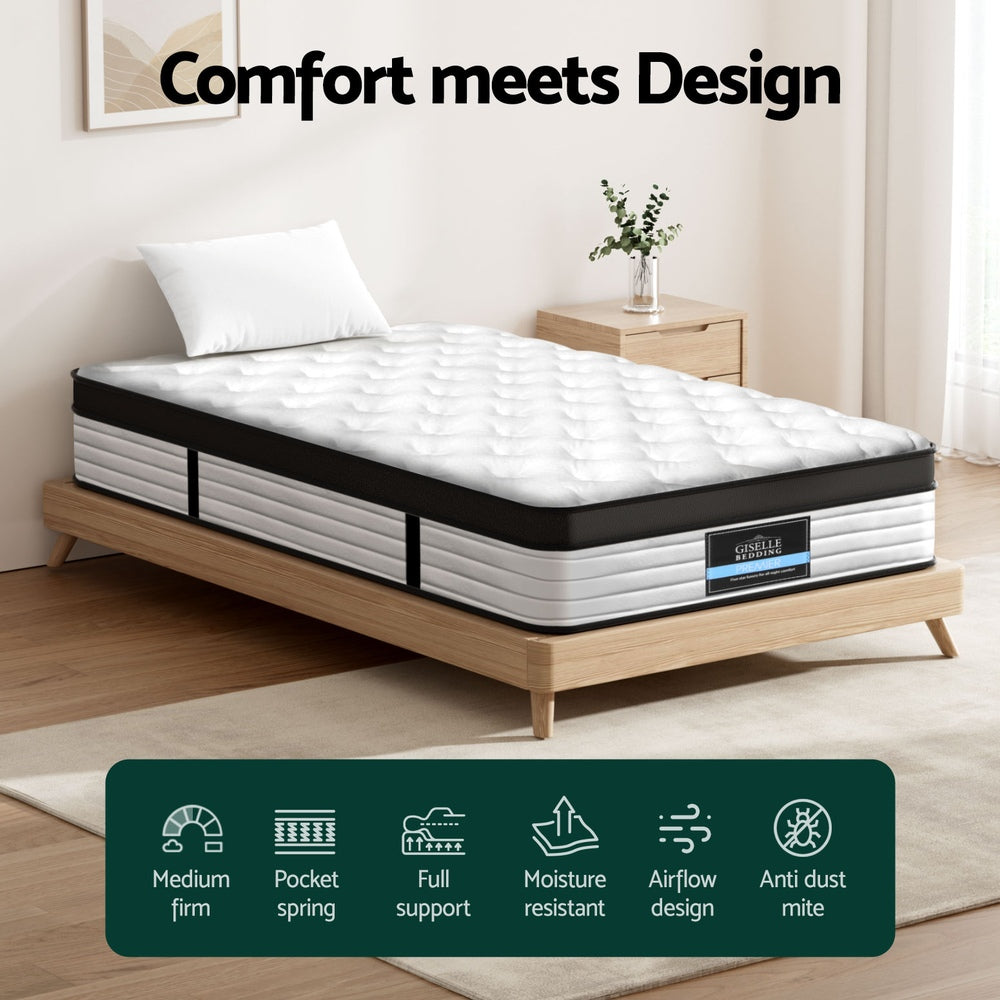 Devon Euro Top Pocket Spring Mattress 31cm Thick - King Single on wooden bed frame with pillow in bedroom setting