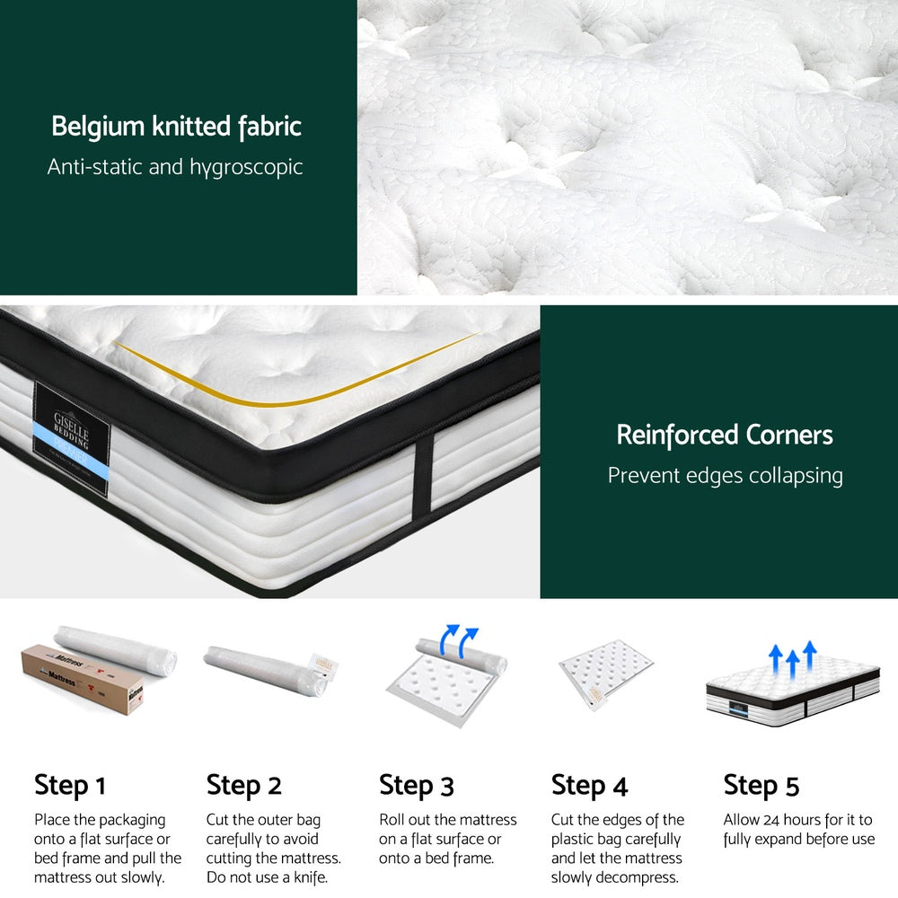 Devon Euro Top Pocket Spring Mattress 31cm Thick - King Single with knitted fabric, reinforced corners, and mattress unpacking guide.