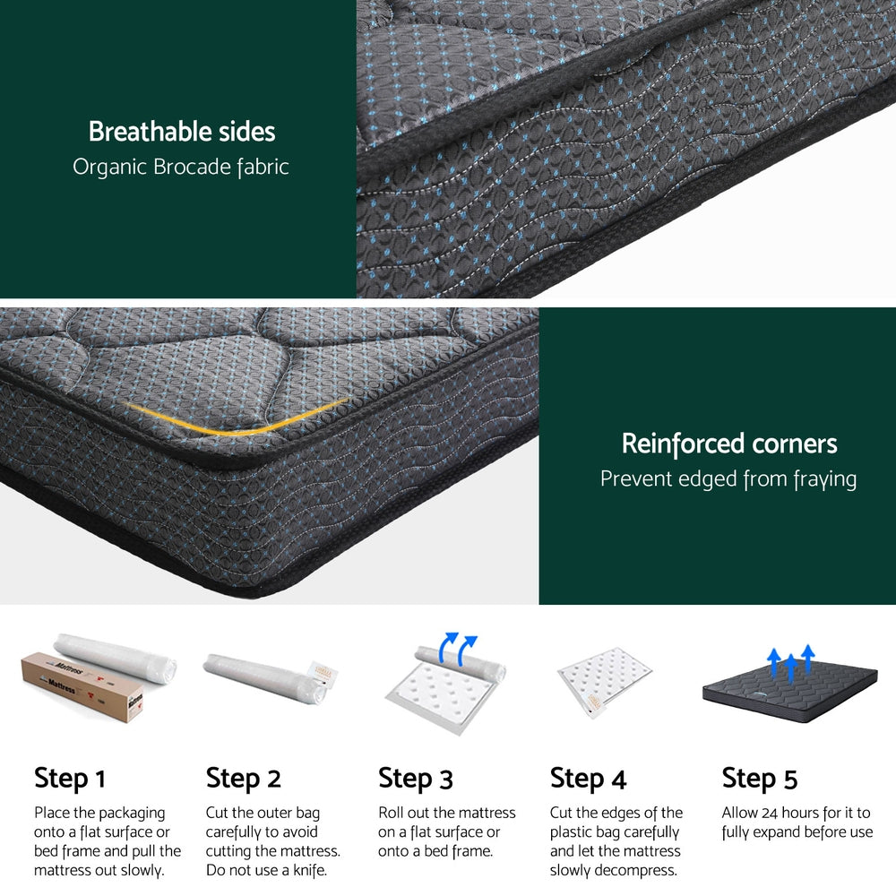 Serena Series Bonnell Spring Mattress 16cm Thick - Double with breathable fabric, reinforced corners, and unpacking steps shown.