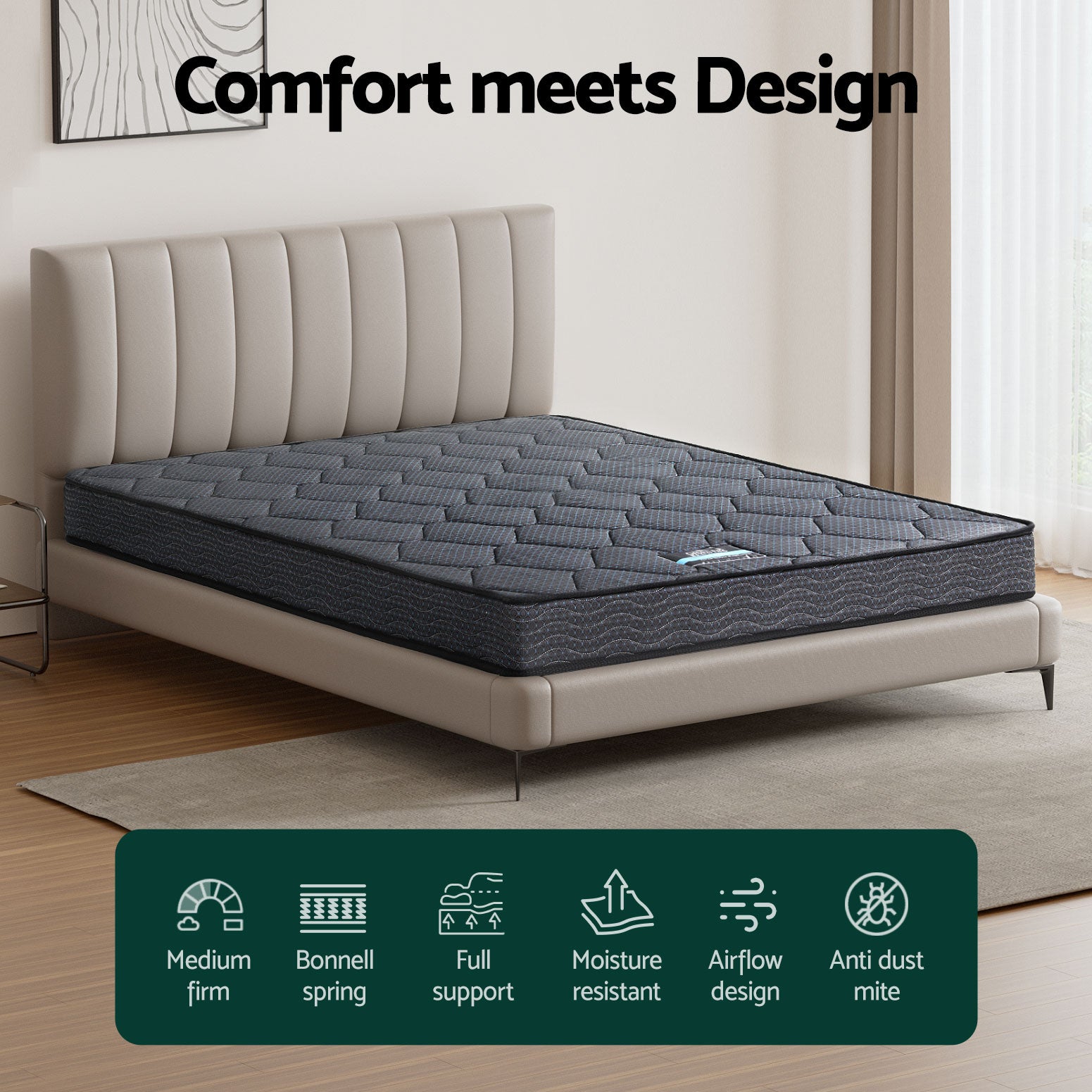 Serena Series Bonnell Spring Mattress 16cm Thick - Queen on modern bed frame in bright bedroom setting with comfort icons