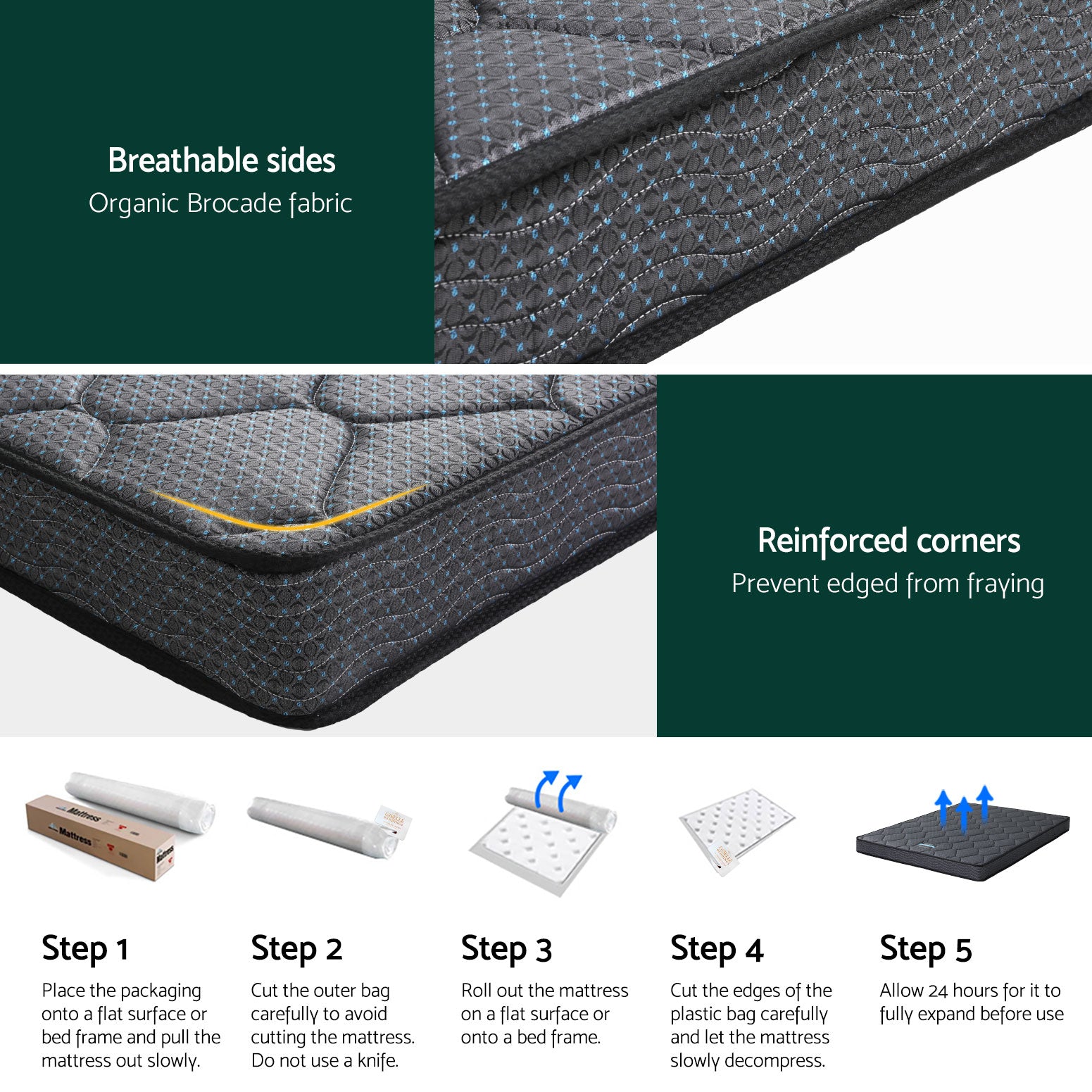 Serena Series Bonnell Spring Mattress 16cm Thick - Queen with breathable sides and reinforced corner design, shown with unboxing steps.