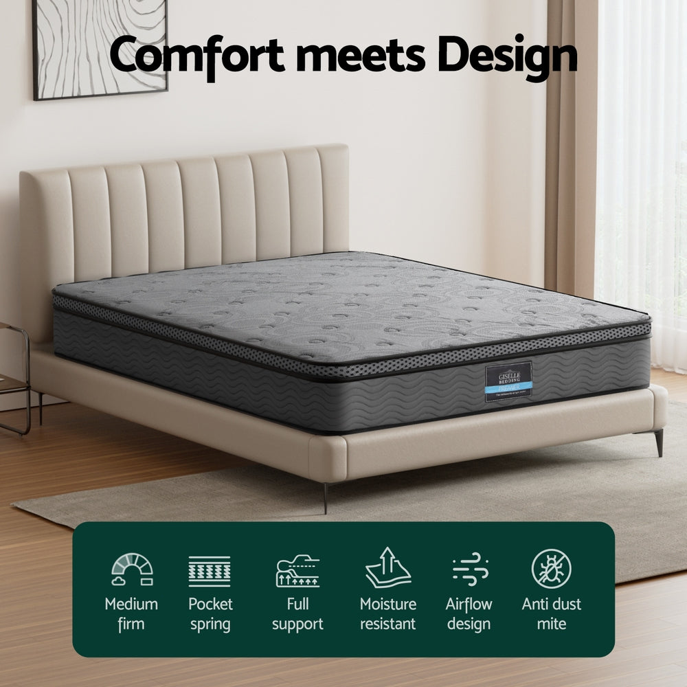 Reverie Series Euro Top Mattress 26cm Thick - Double on beige bed frame in modern bedroom setting