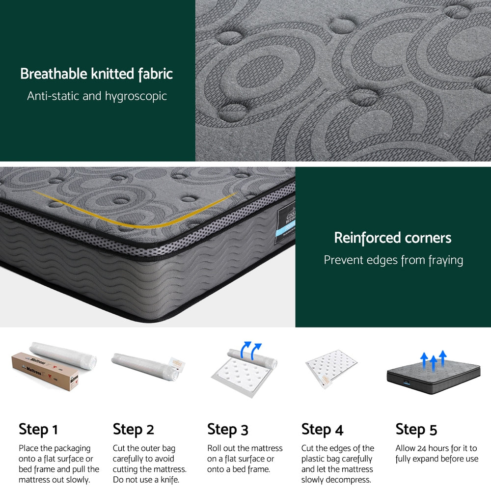 Reverie Series Euro Top Mattress 26cm Thick - Double with breathable fabric, reinforced corners, and mattress setup steps.