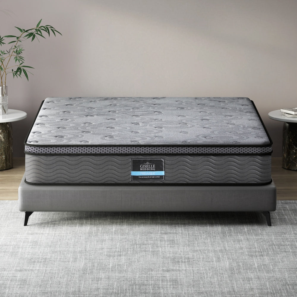 Reverie Series Euro Top Mattress 26cm Thick - Double in gray with wave pattern, shown on gray bed frame in bedroom setting