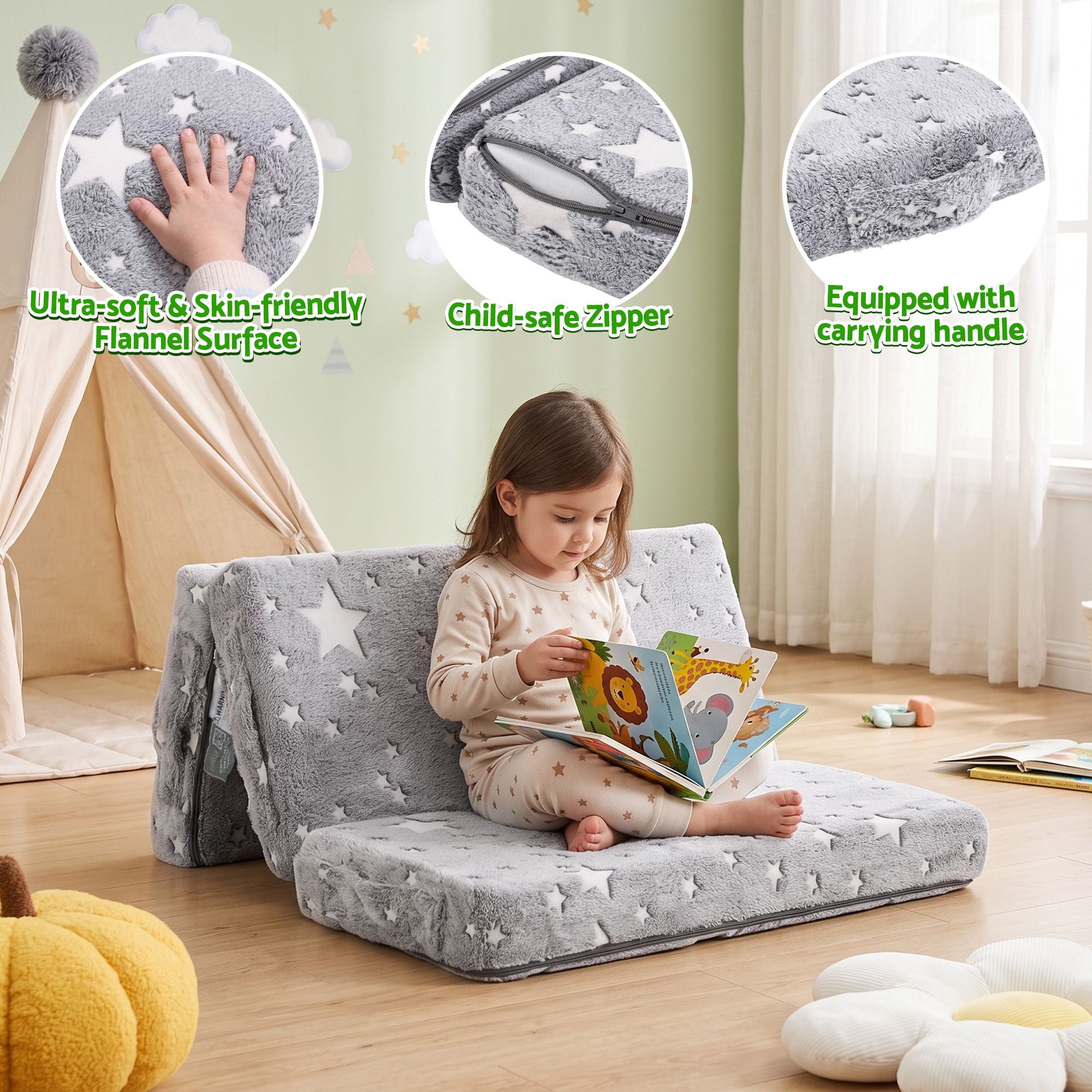 Foldable Travel Cot Mattress with Glow-in-the-Dark Cover - Blue