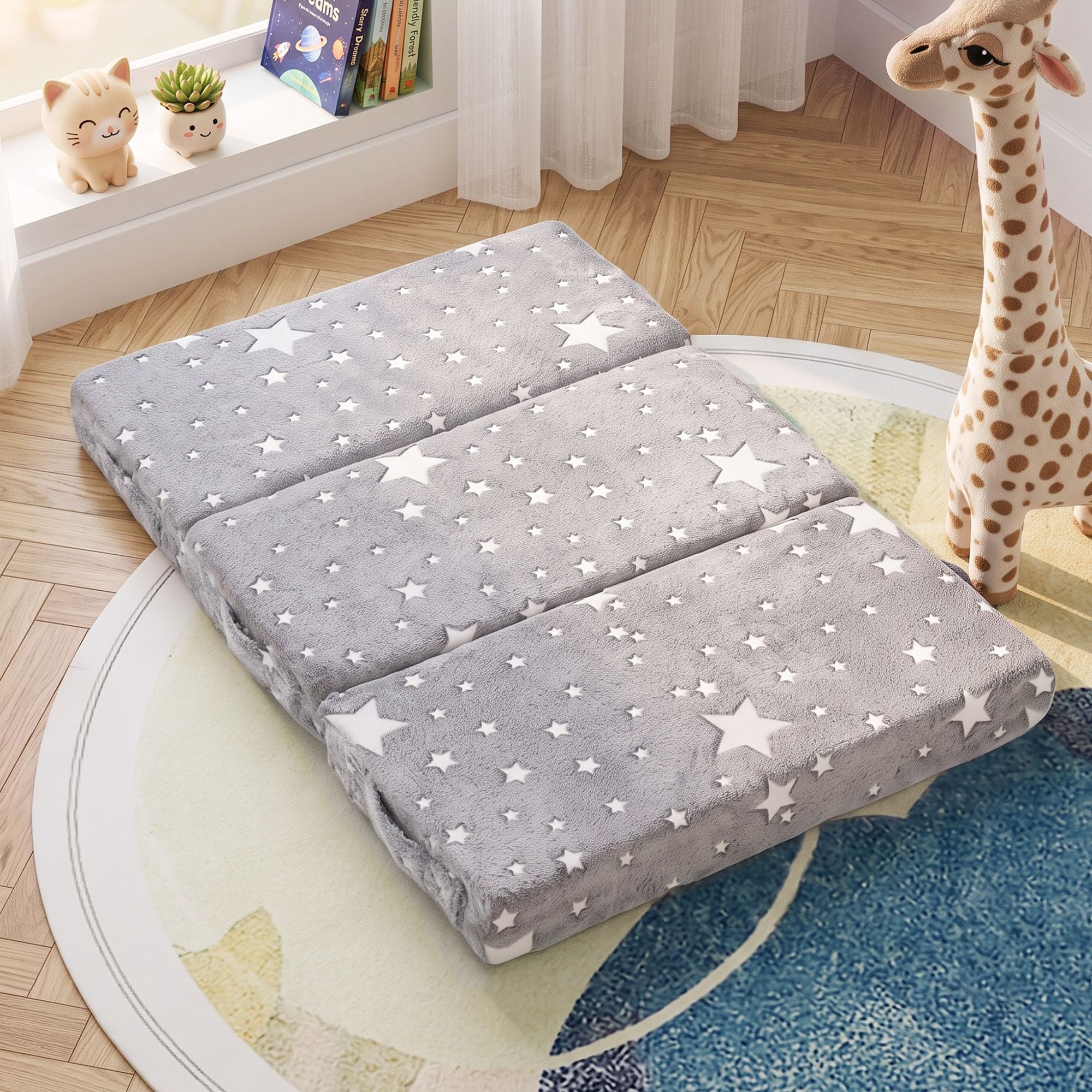 Foldable Travel Cot Mattress with Glow-in-the-Dark Cover - Blue