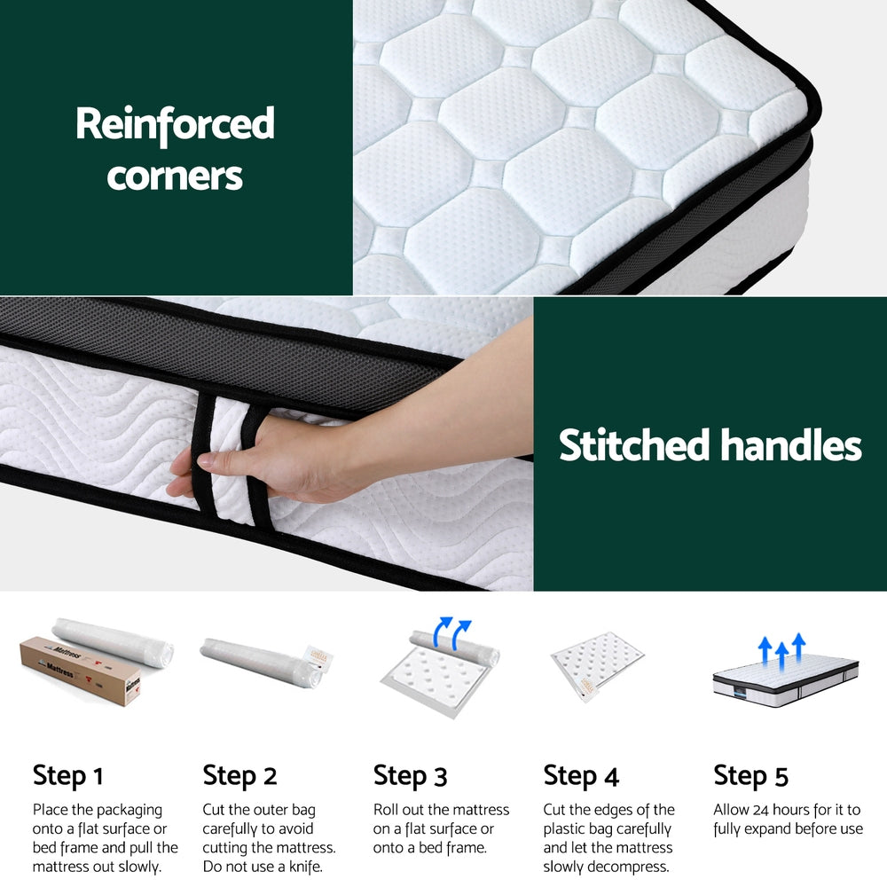 Sorrento Cool Gel Memory Foam Mattress 25cm Thick - Single showing reinforced corners and stitched handles with unboxing steps
