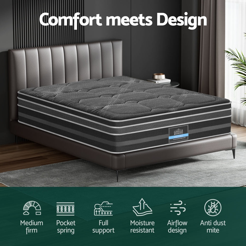 Platinum Series 7 Zone Dual Euro Top Mattress 35CM Thick - Double in gray with medium firm support and pocket springs on bed frame