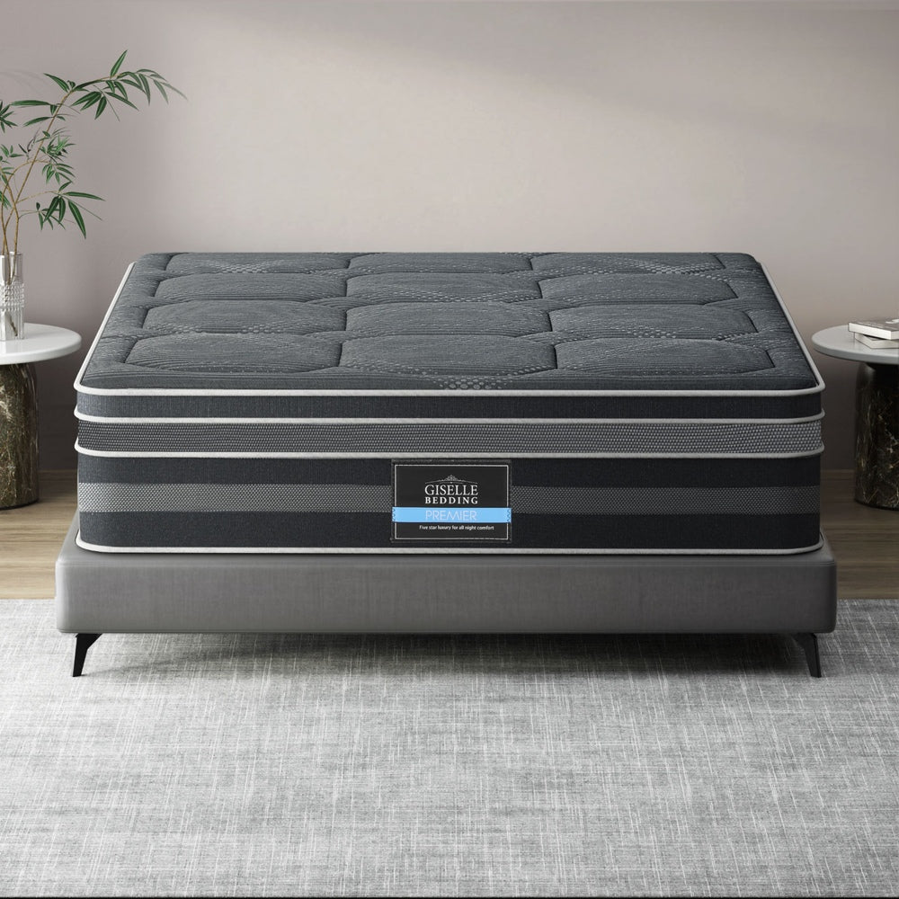 Platinum Series 7 Zone Dual Euro Top Mattress 35CM Thick - Double on gray bed frame in modern bedroom setting