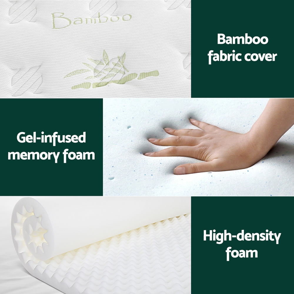 Tiberius Series Cool Gel Mattress 30cm Thick - Queen showing bamboo cover, gel-infused memory foam, and high-density foam layers