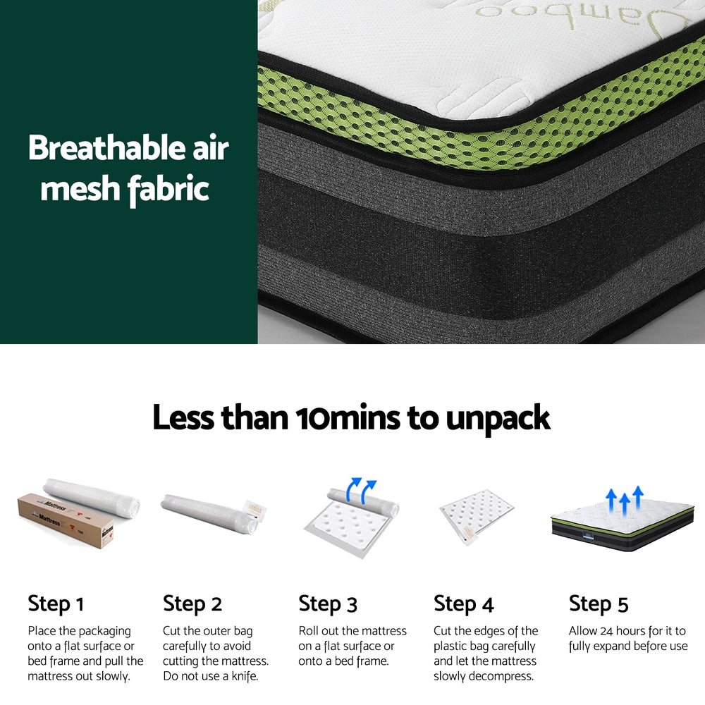 Tiberius Series Cool Gel Mattress 30cm Thick - Queen with breathable air mesh fabric and easy unpacking steps displayed