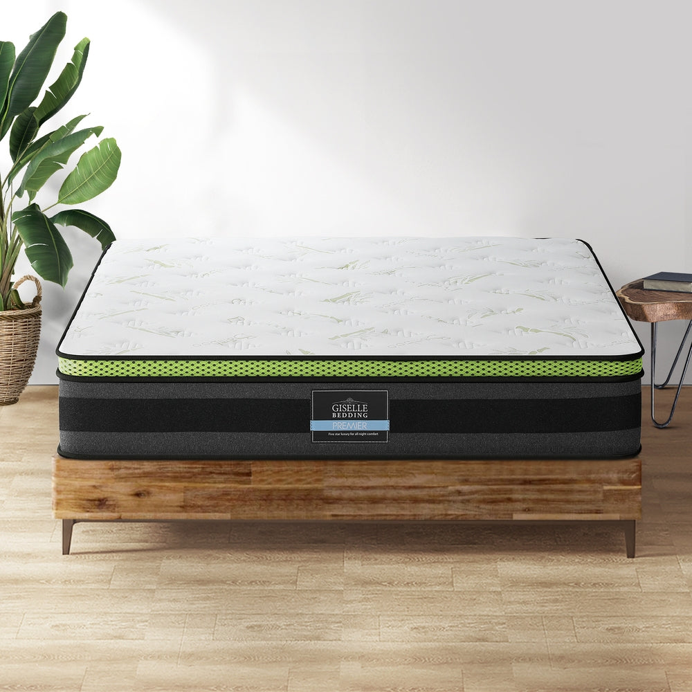 Tiberius Series Cool Gel Mattress 30cm Thick - Queen on wooden bed frame in bright bedroom setting with plant and side table