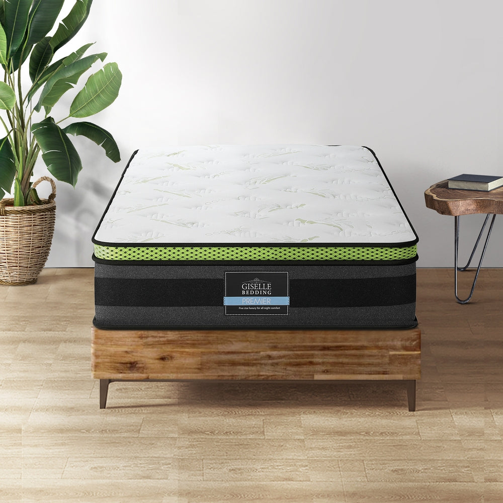 Tiberius Series Cool Gel Mattress 30cm Thick - Single on wooden bed frame with plant and side table in bedroom setting