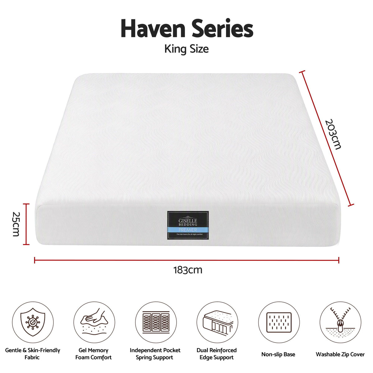 25cm King Hybrid Mattress with Soft Knitted Fabric and Gel Foam Edge Support - White