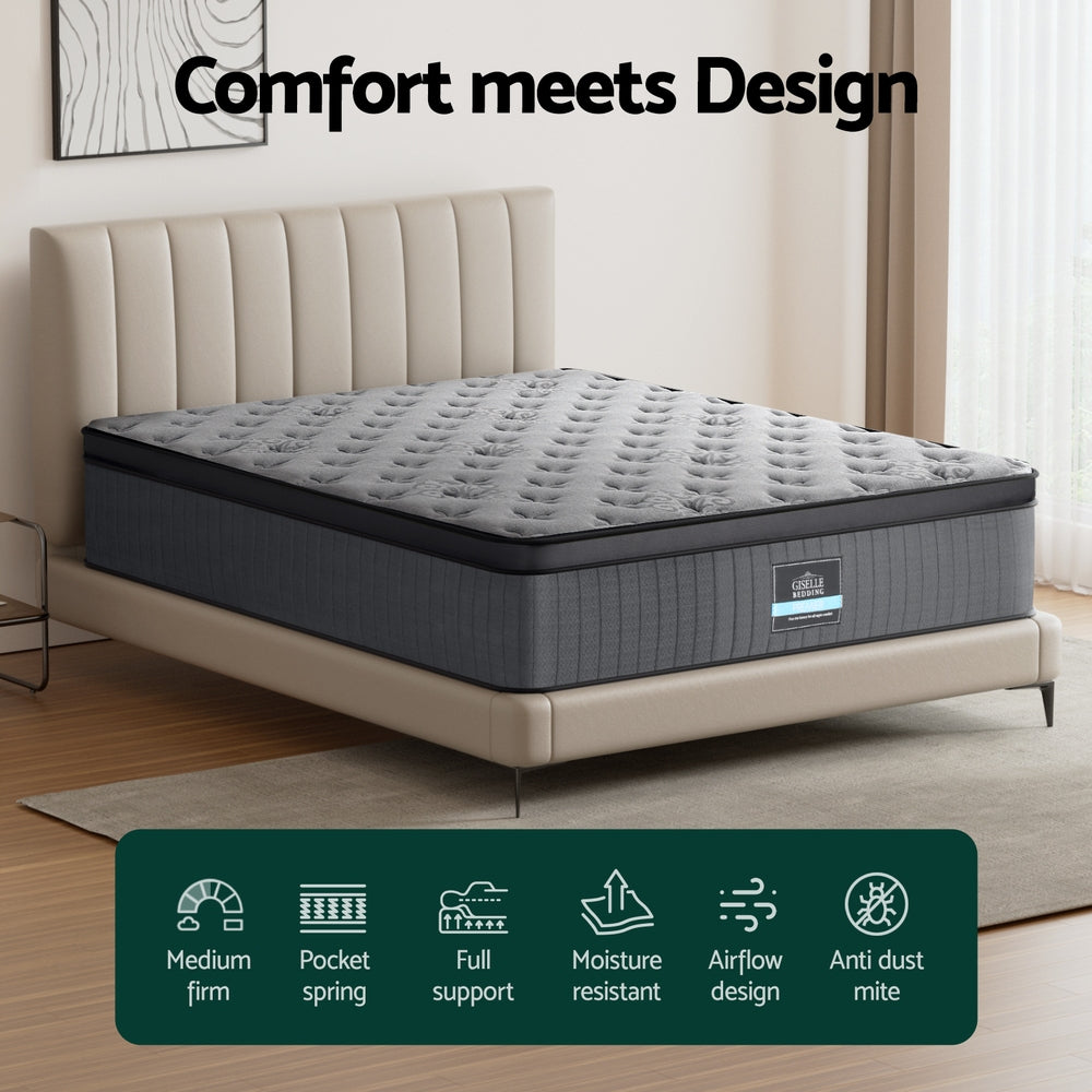 Solene Series Euro Top Mattress 34cm Thick - Double with medium firm support and pocket springs on upholstered bed frame