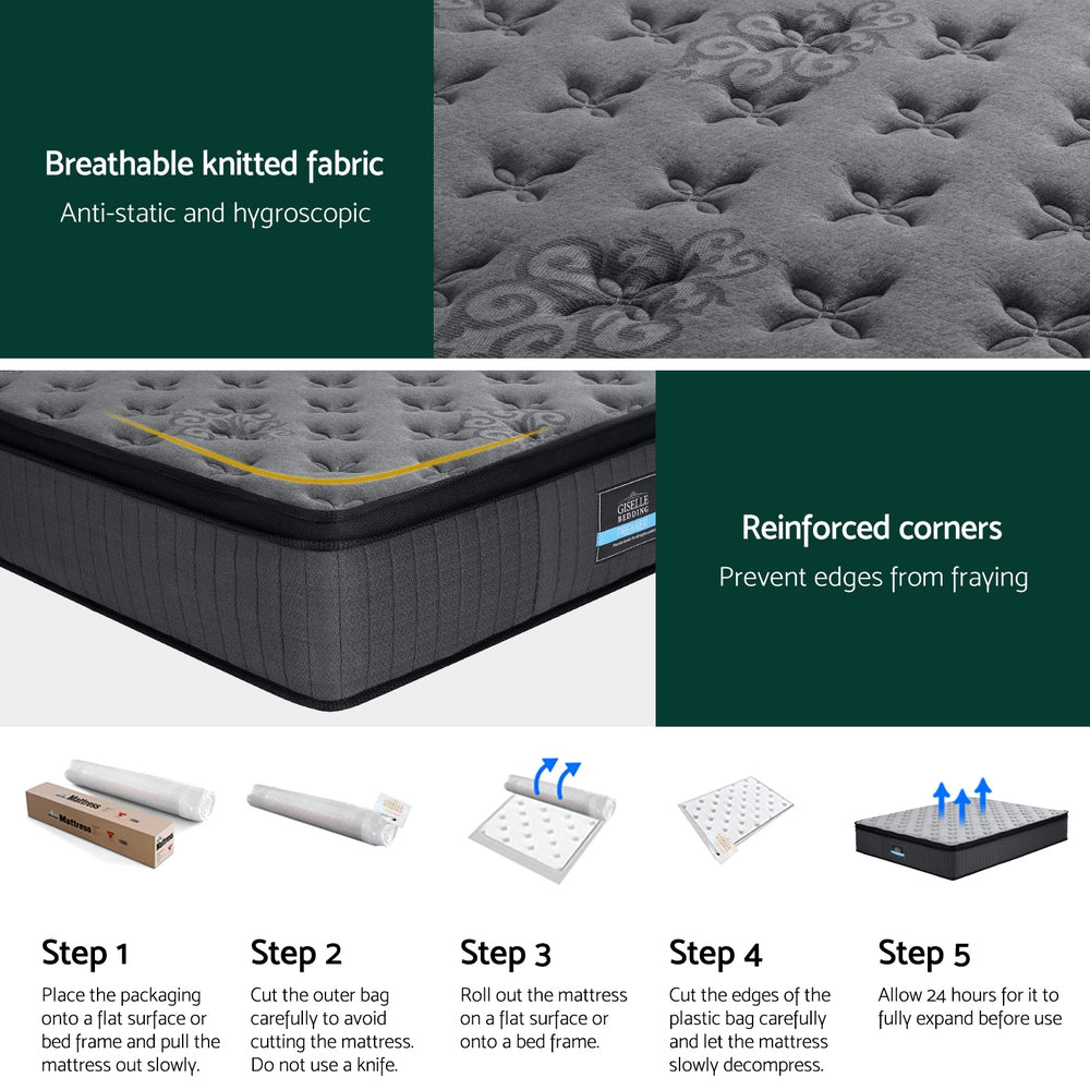 Solene Series Euro Top Mattress 34cm Thick - Double with breathable fabric, reinforced corners, and unpacking steps shown