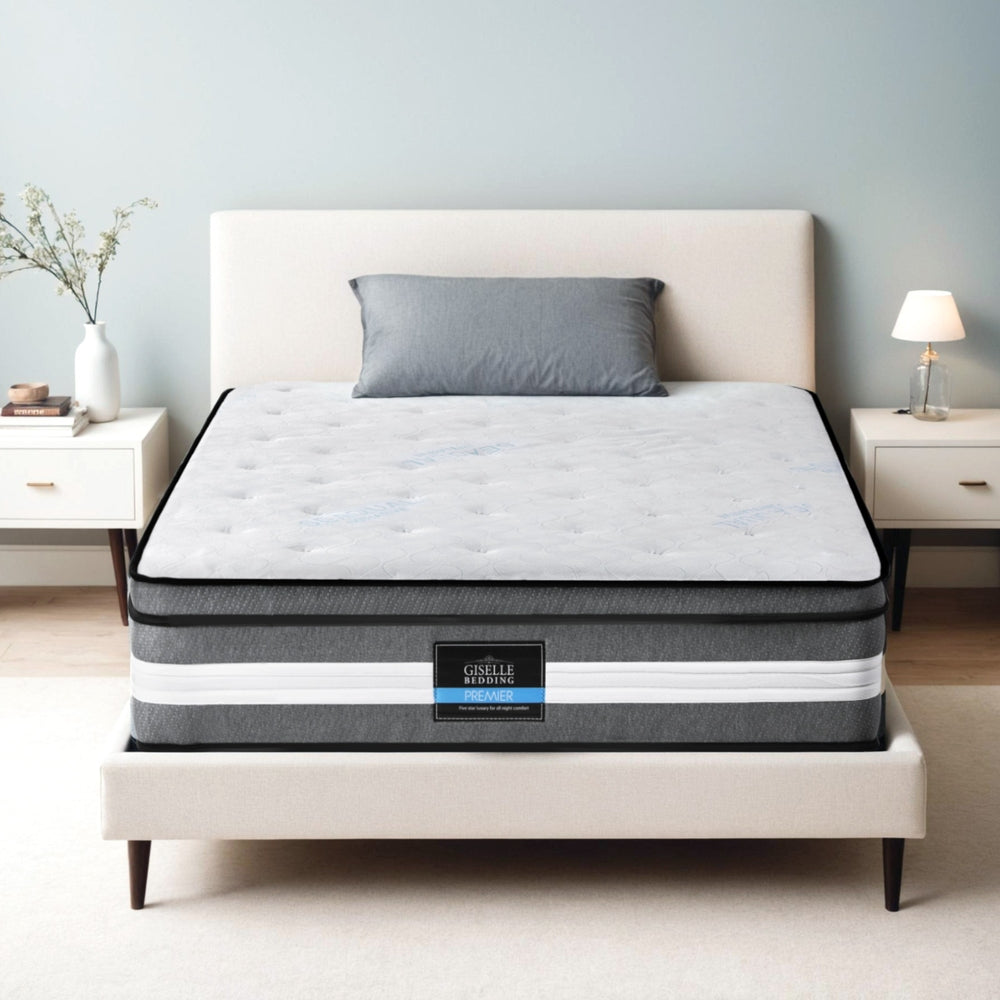 Lvory Euro Top Cooling Gel Pocket Spring Mattress 30cm Thick - King Single on beige bed frame with gray pillow in bedroom