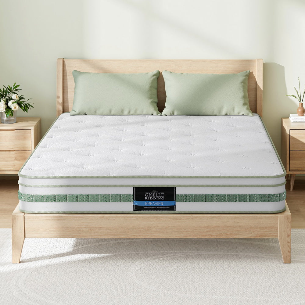 Mint Series Euro Top Mattress 20cm Thick – Double on wooden bed frame with light green pillows in bright bedroom setting