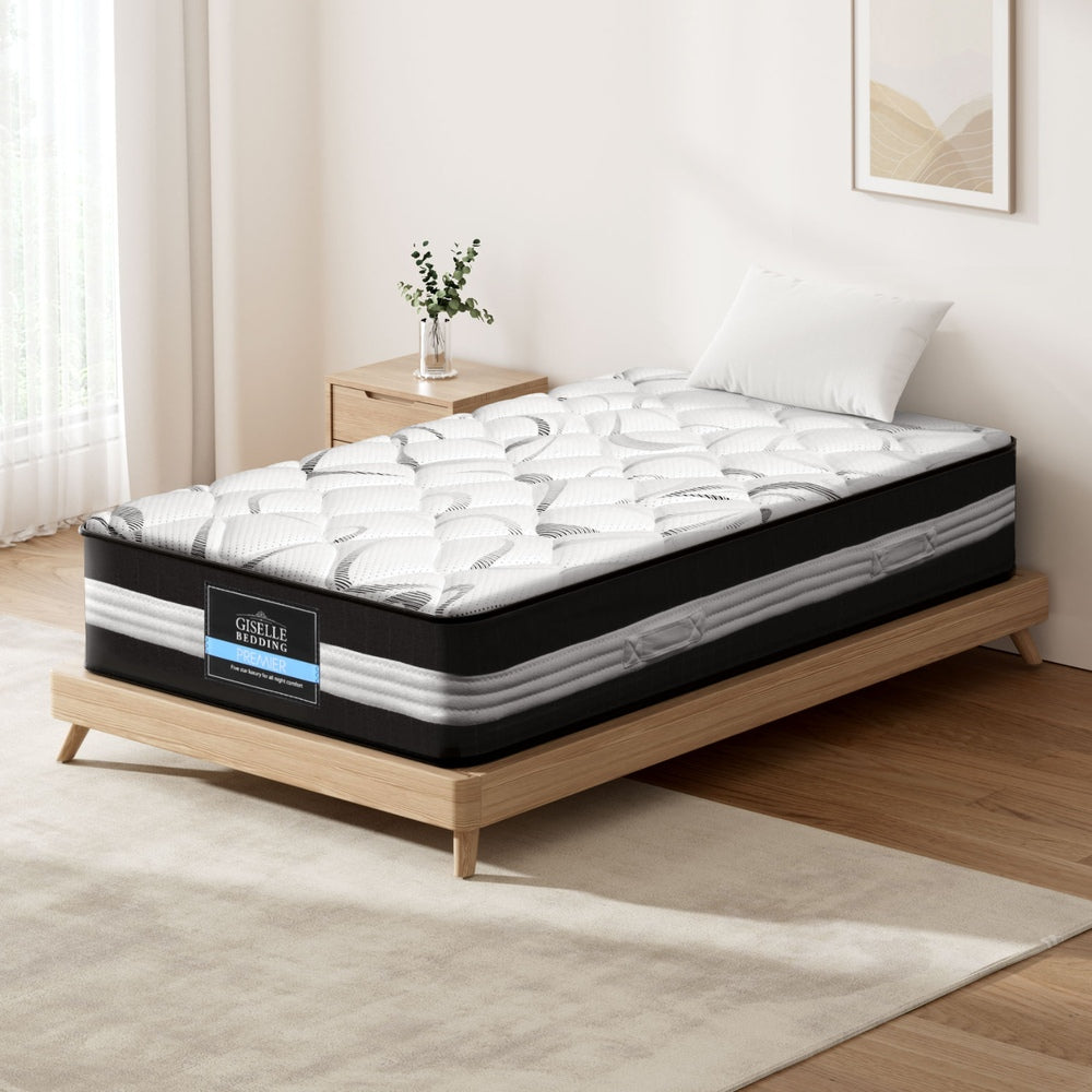 Mykonos Euro Top Pocket Spring Mattress 30cm Thick - King Single on wooden bed frame with pillow in minimal bedroom