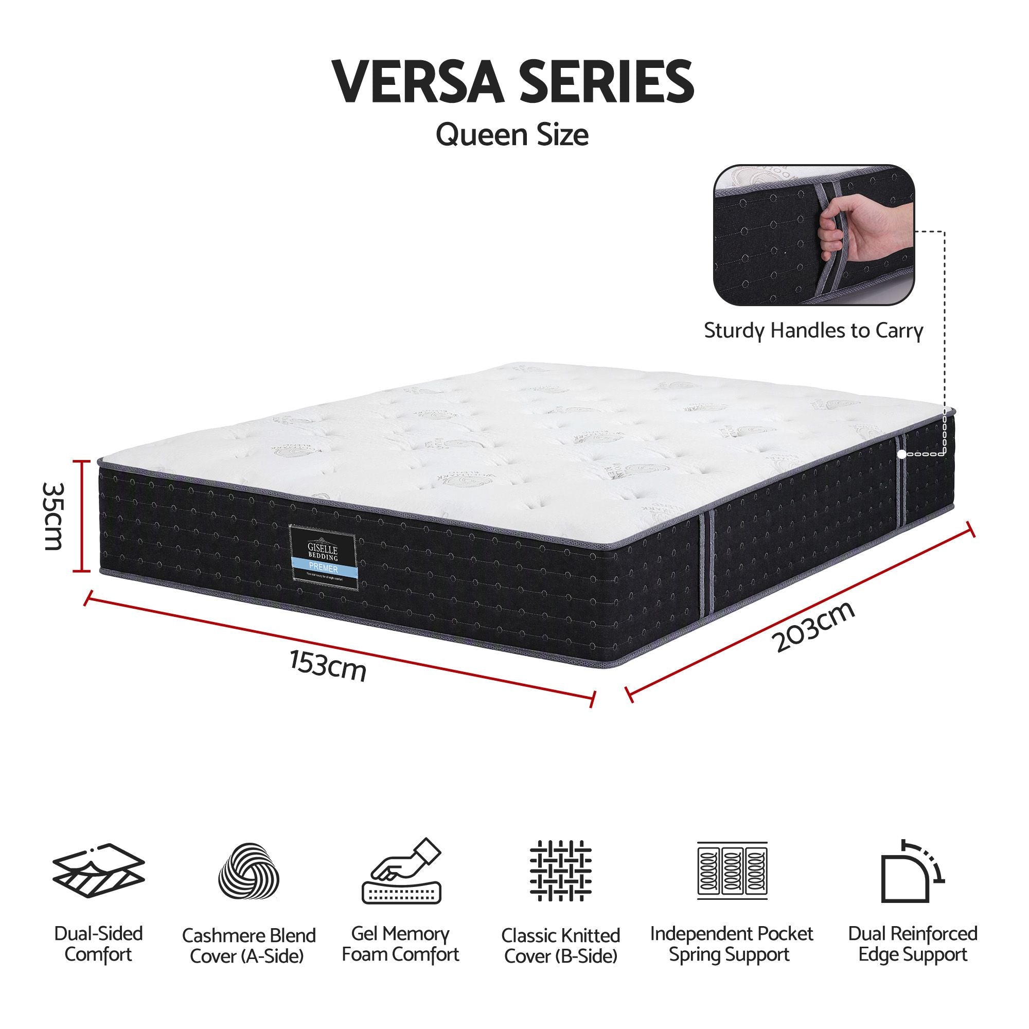 Queen Reversible Spring Mattress 35cm with Cashmere Cover and Gel Foam - White/Charcoal