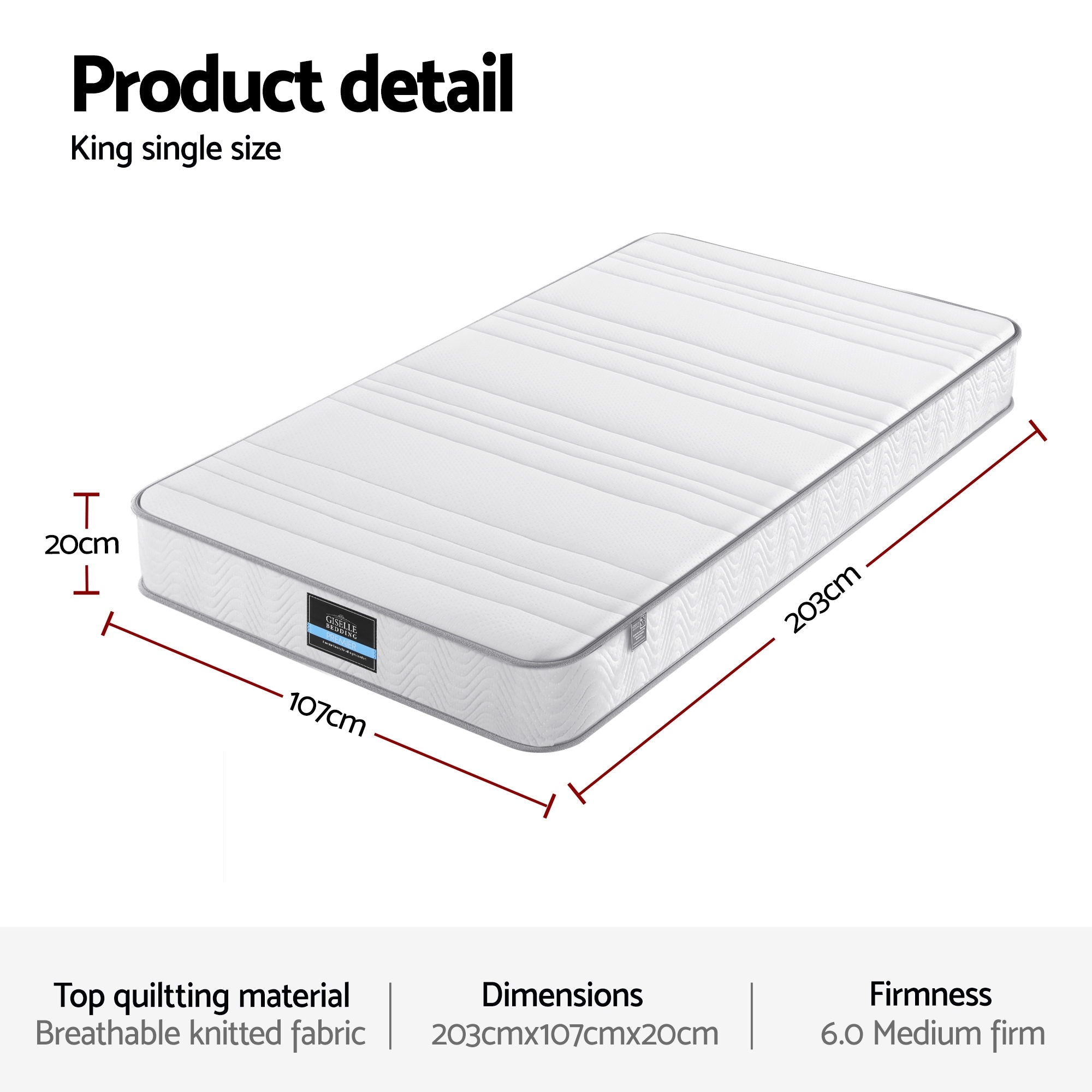 King Single Mattress 20cm with Reinforced Edge Support Egg-Crate Foam