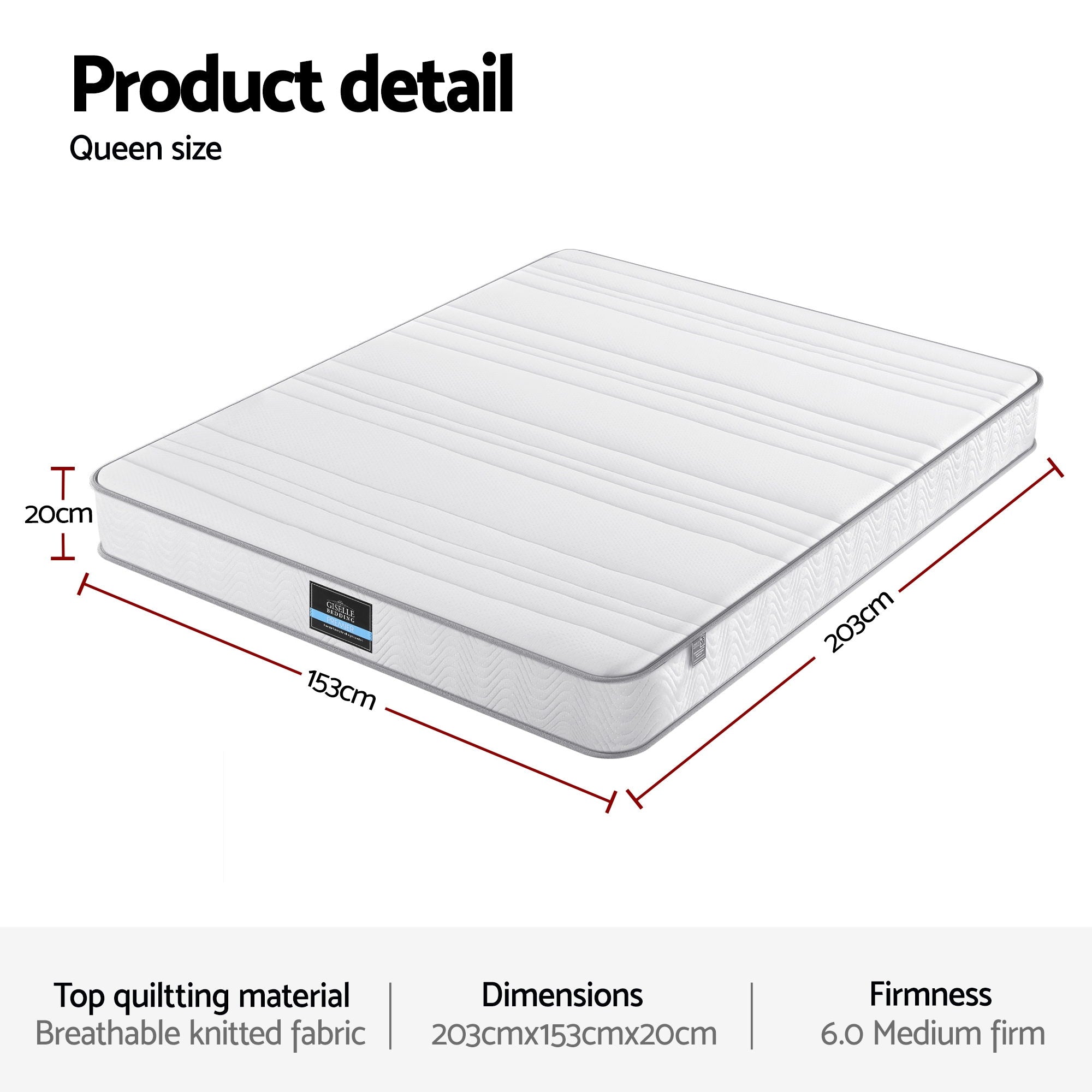 Queen Mattress 20cm with Reinforced Edge Support Egg-Crate Foam