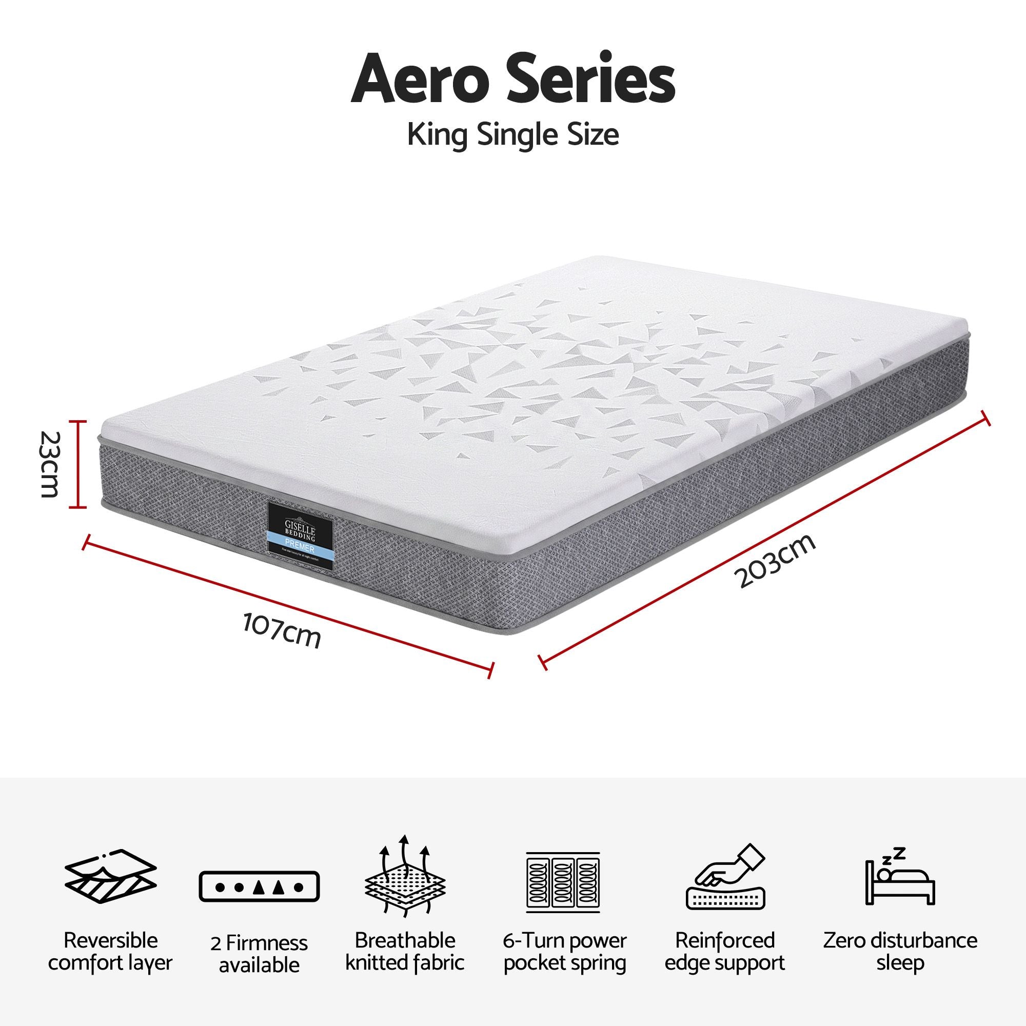 King Single Mattress 23cm Pocket Spring Mattress with Adjustable Firmness Reversible Foam Layer for Medium Firm & Firm Support Motion Isolation Bedroom Bed
