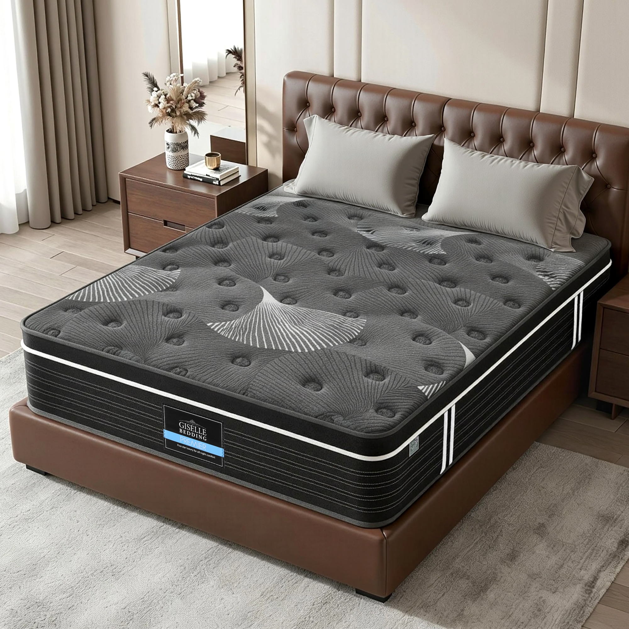 35cm Mattress Graphene Memory Foam Medium Firm Euro Top Mattresses Double on brown leather bed frame with bedside tables and decor