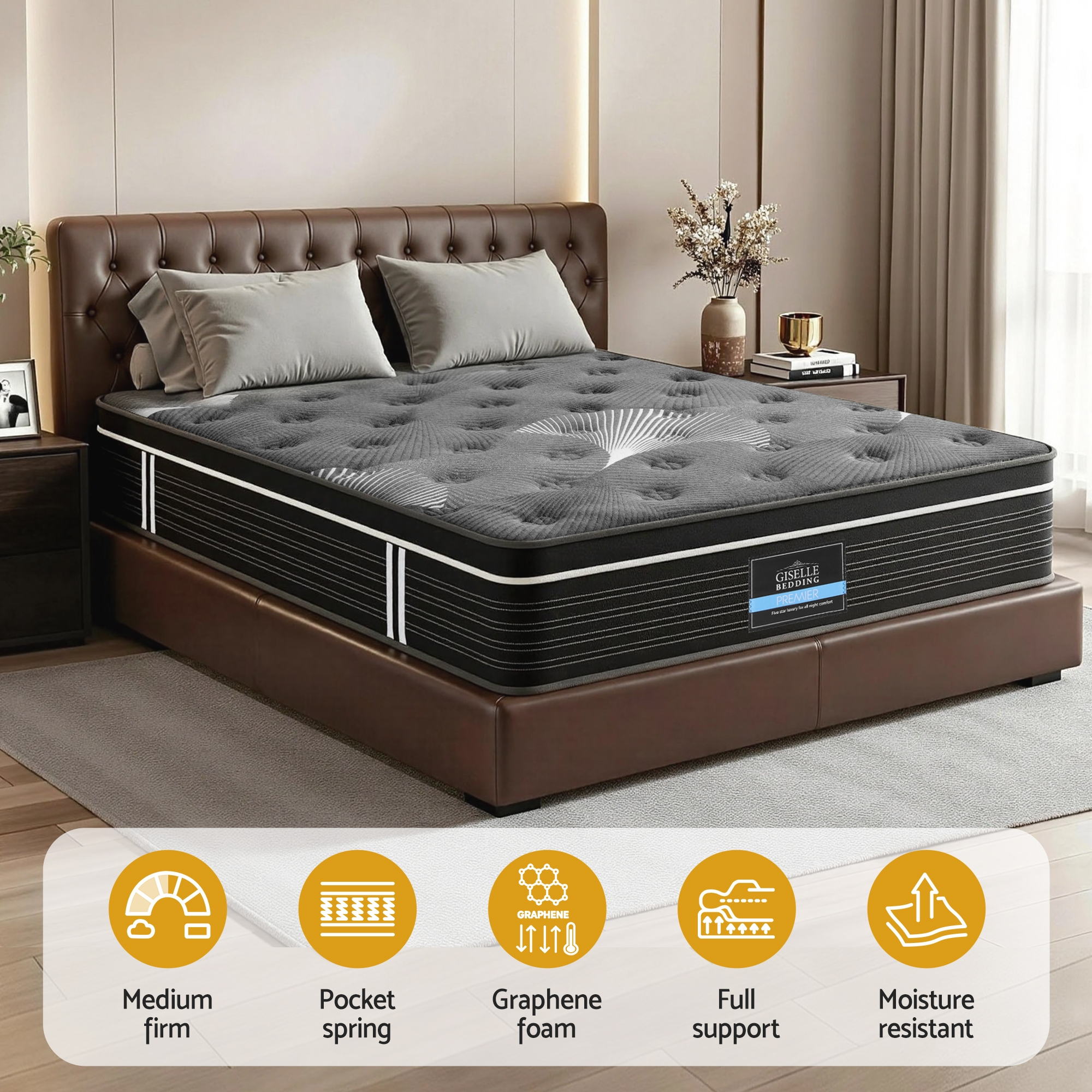 35cm Mattress Graphene Memory Foam Medium Firm Euro Top Mattresses King on brown leather bed frame in bedroom setting