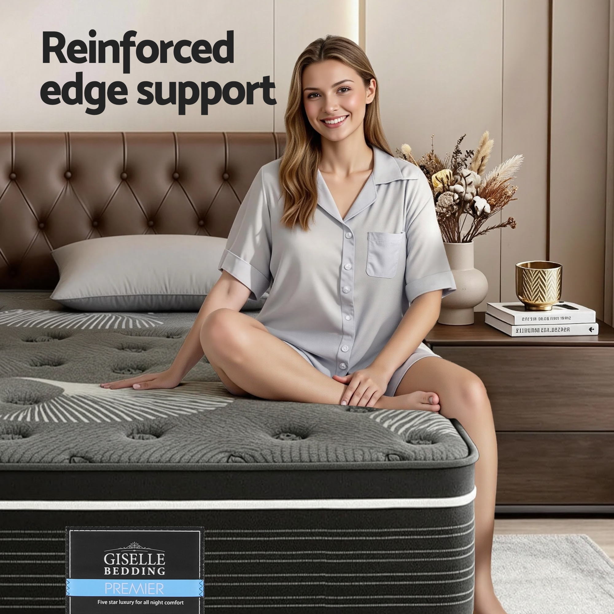 35cm Mattress Graphene Memory Foam Medium Firm Euro Top Mattresses King Single shown with woman sitting on bed in bedroom setting