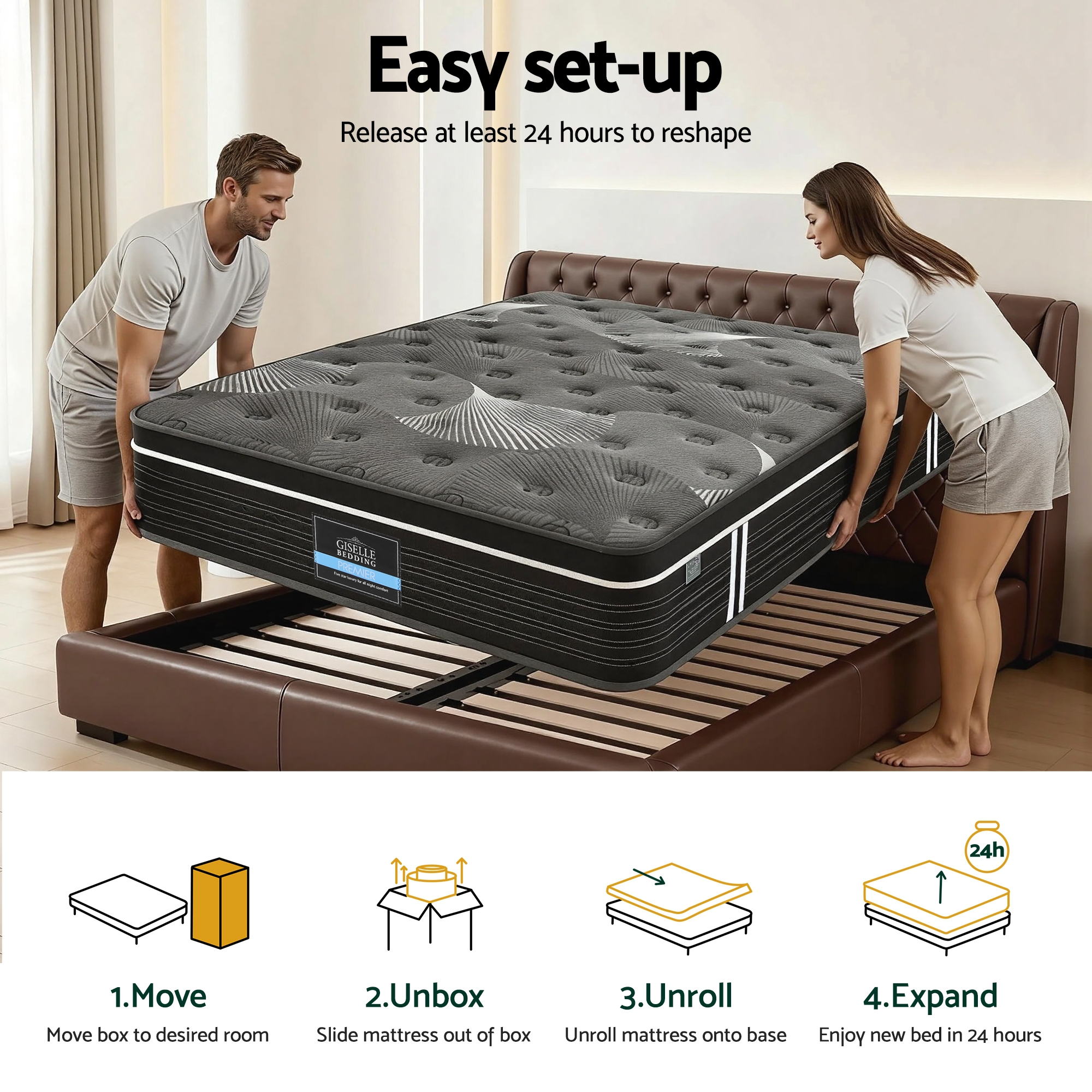 Couple setting up 35cm Mattress Graphene Memory Foam Medium Firm Euro Top Mattresses Queen on brown bed frame in bedroom