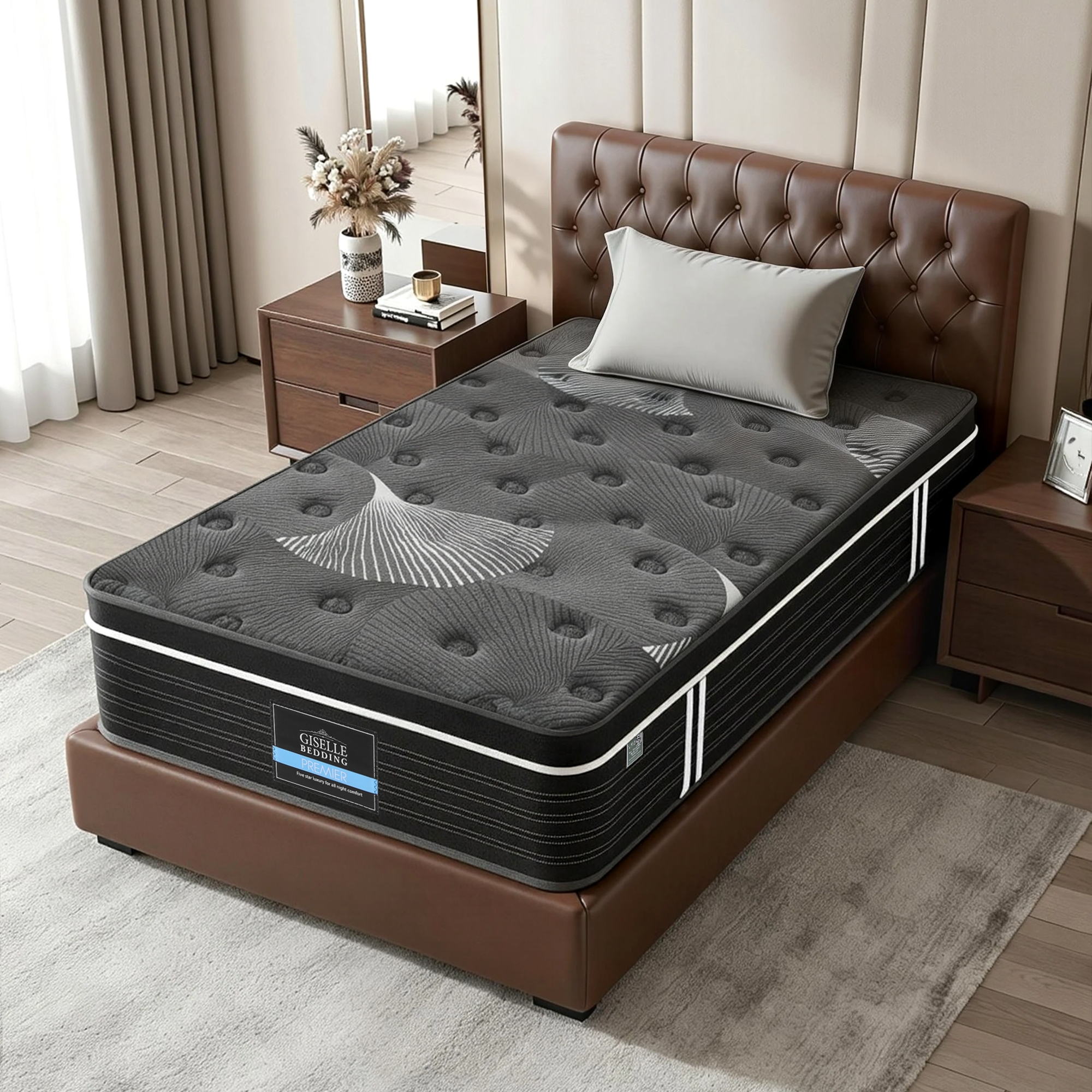 35cm Mattress Graphene Memory Foam Medium Firm Euro Top Mattresses Single on brown upholstered bed with bedside tables in bedroom setting