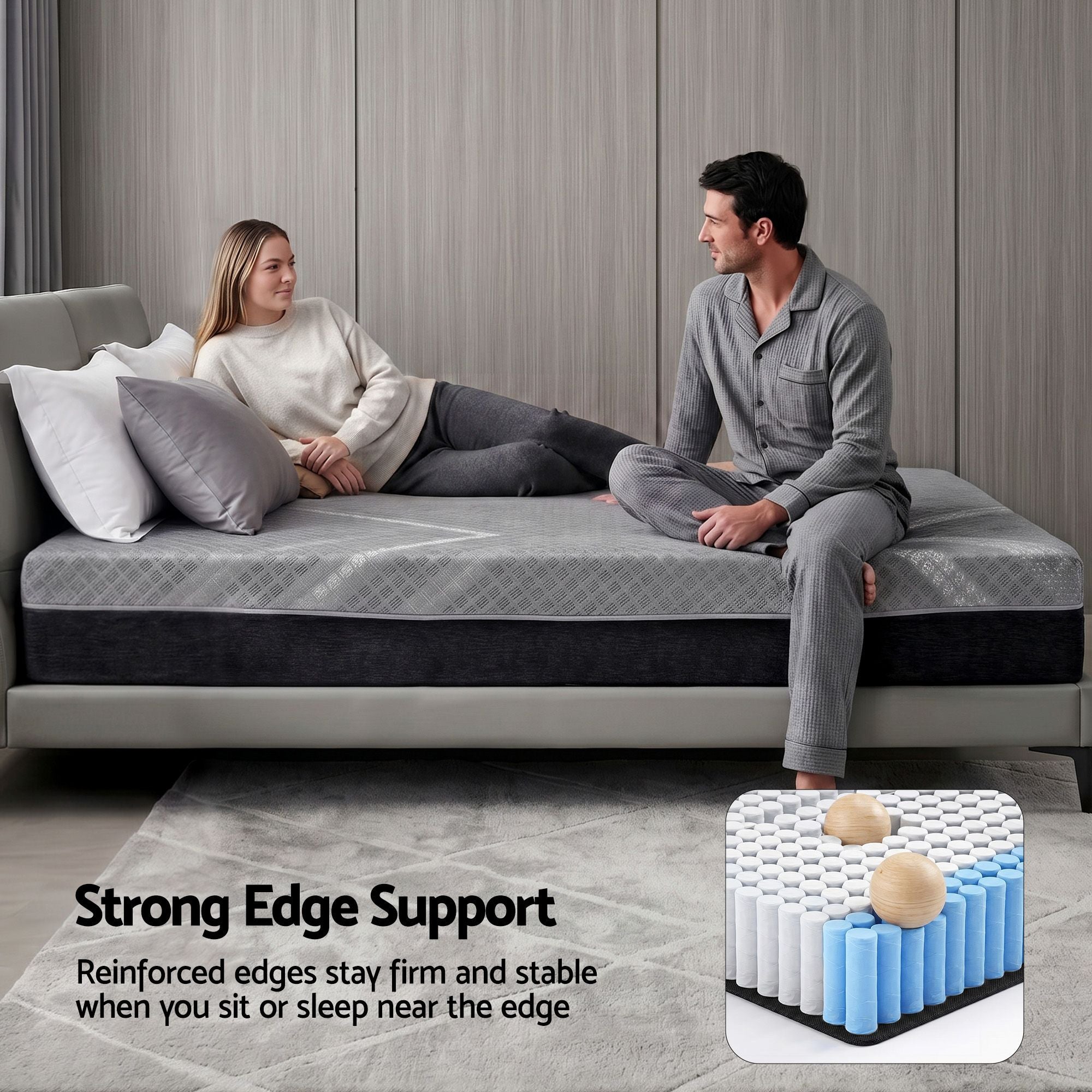 Queen Mattress 26cm Firm Pocket Spring Dual Edge Support Dark Grey