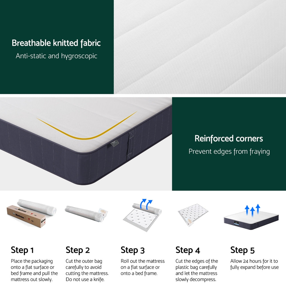 20cm Mattress Double Bed Pocket Spring Mattresses with breathable knitted fabric, reinforced corners, and unpacking steps shown
