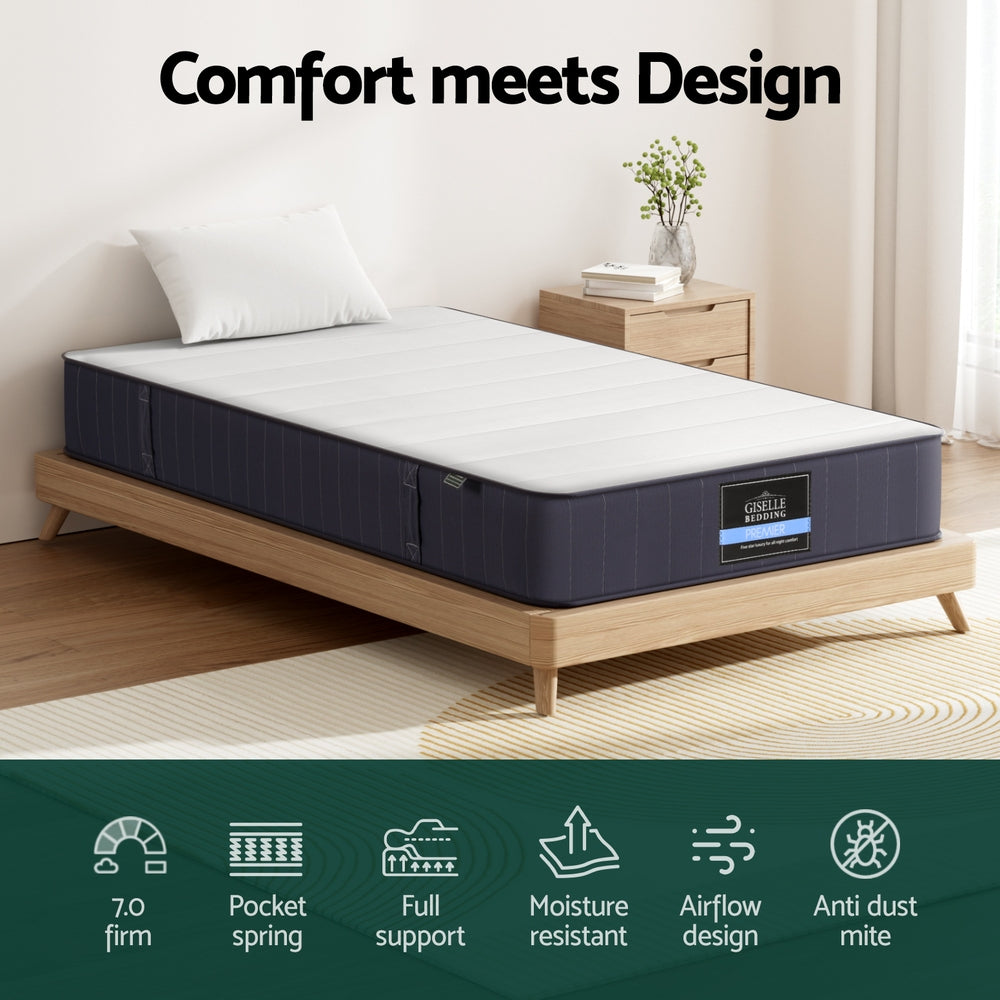 20cm Mattress King Single Bed Pocket Spring Mattresses on wooden bed frame with white pillow in bedroom setting